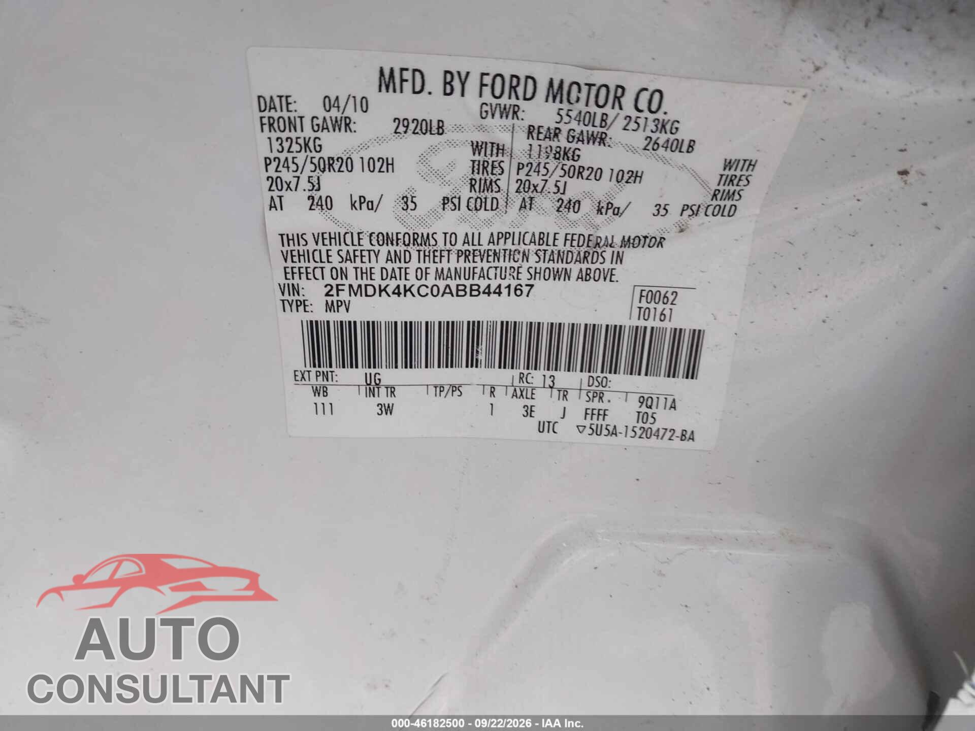 FORD EDGE 2010 - 2FMDK4KC0ABB44167