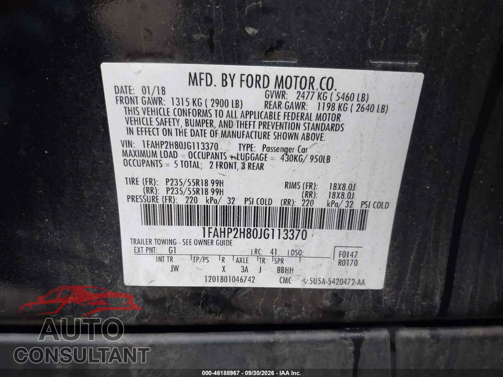 FORD TAURUS 2018 - 1FAHP2H80JG113370