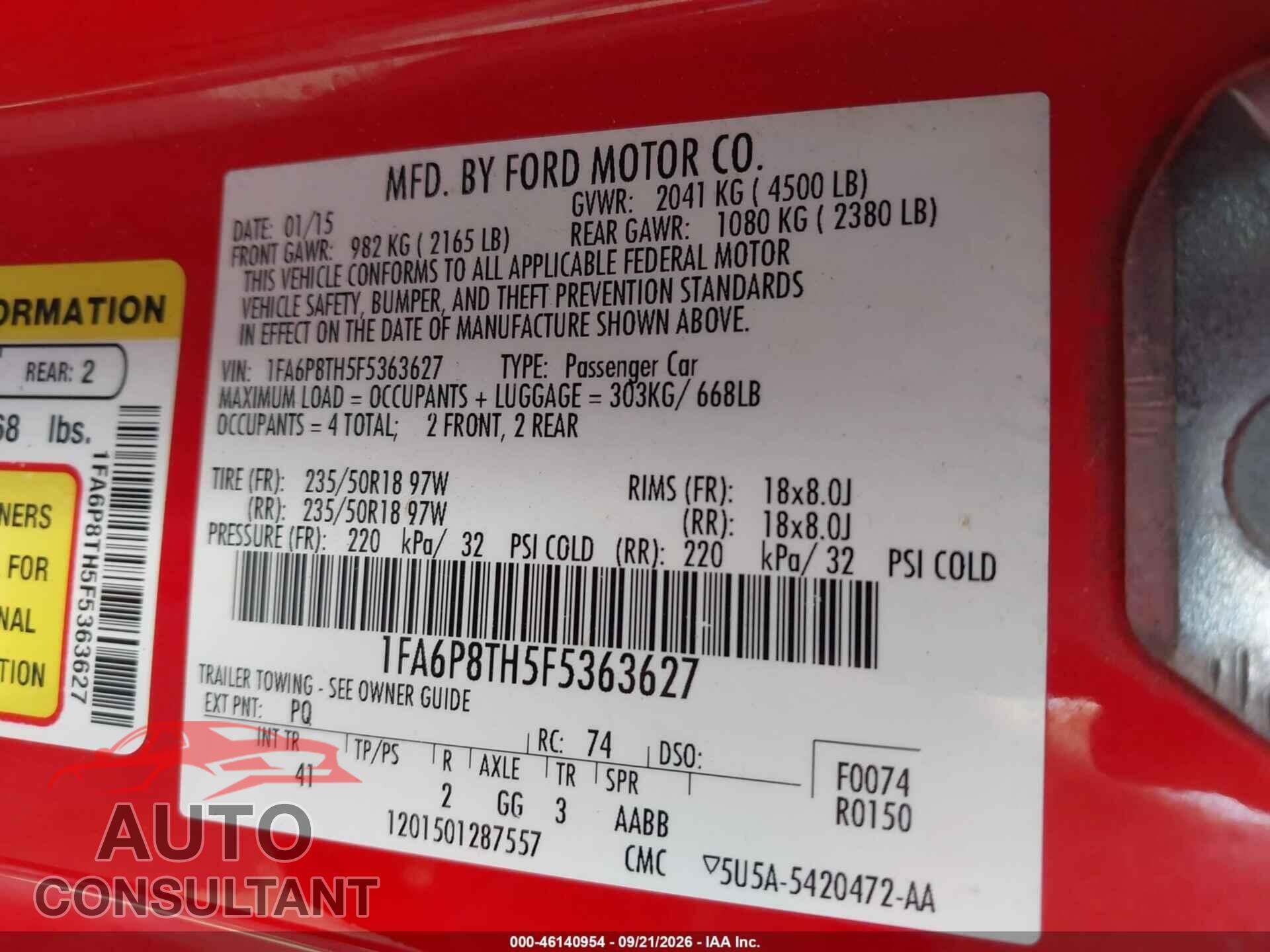FORD MUSTANG 2015 - 1FA6P8TH5F5363627