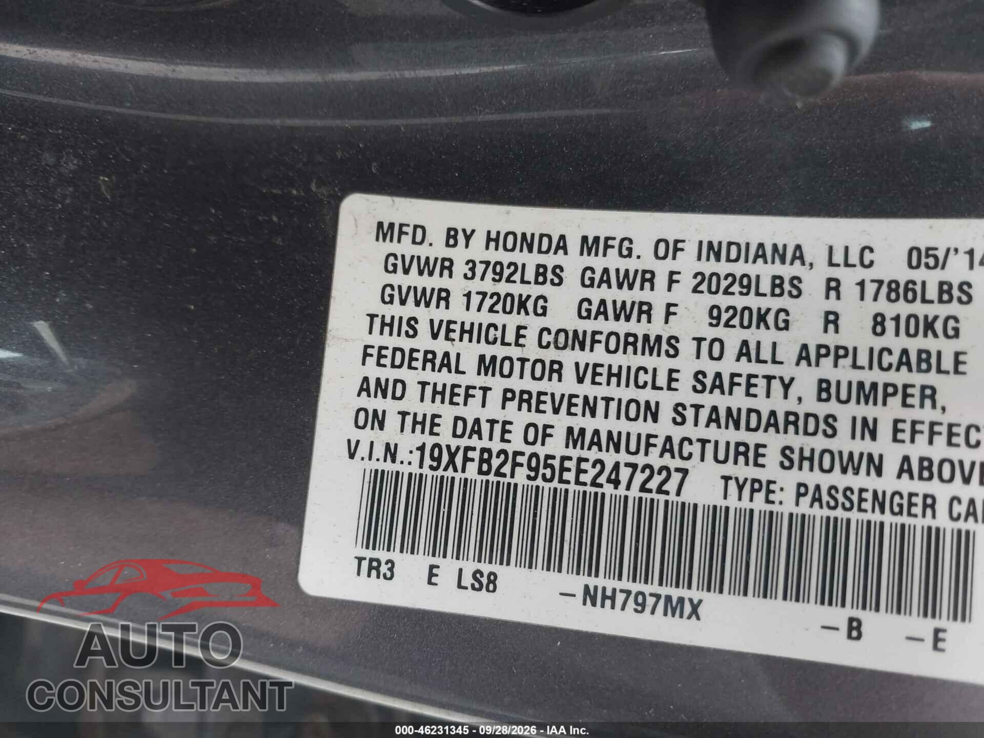 HONDA CIVIC 2014 - 19XFB2F95EE247227