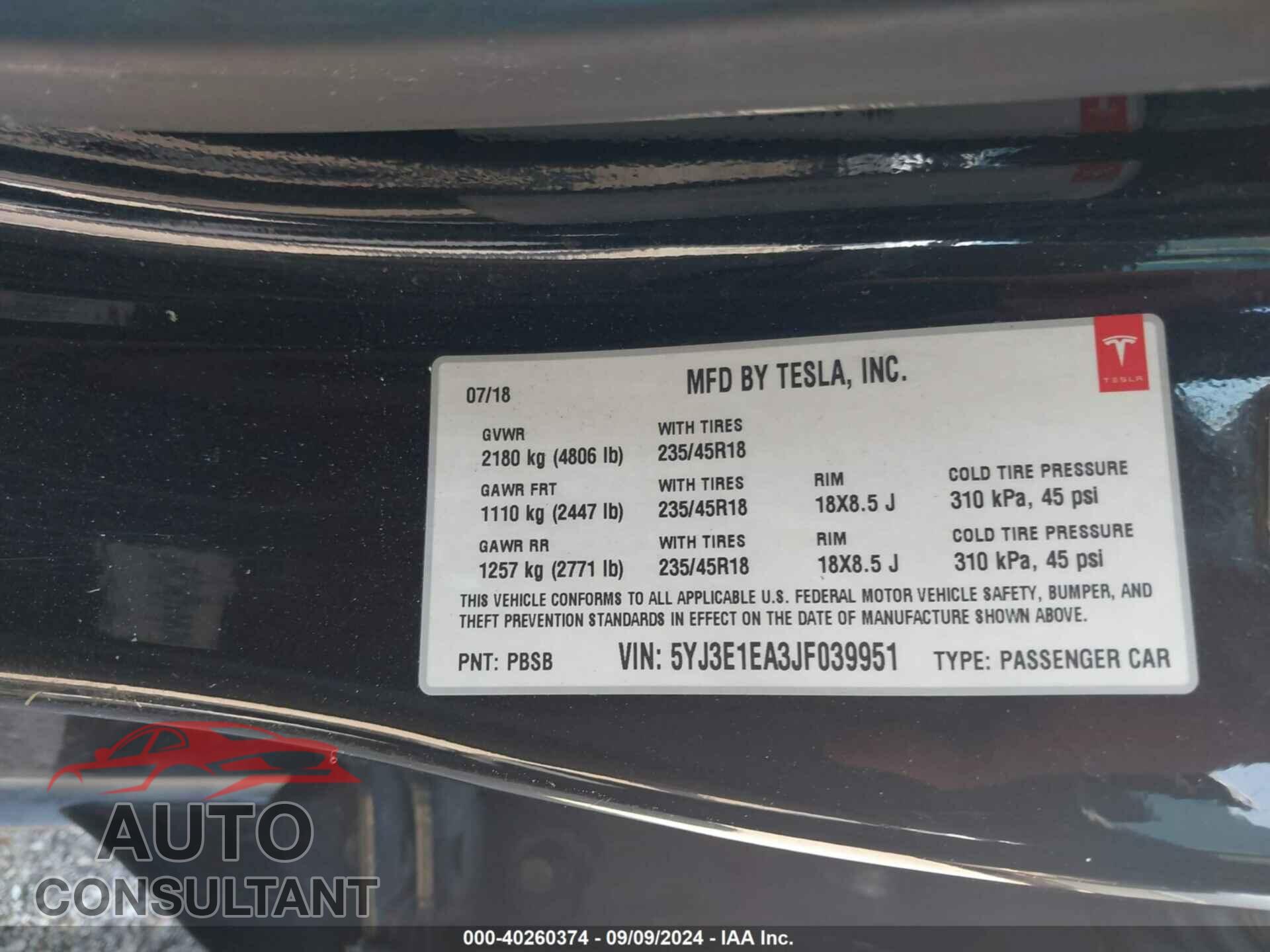 TESLA MODEL 3 2018 - 5YJ3E1EA3JF039951