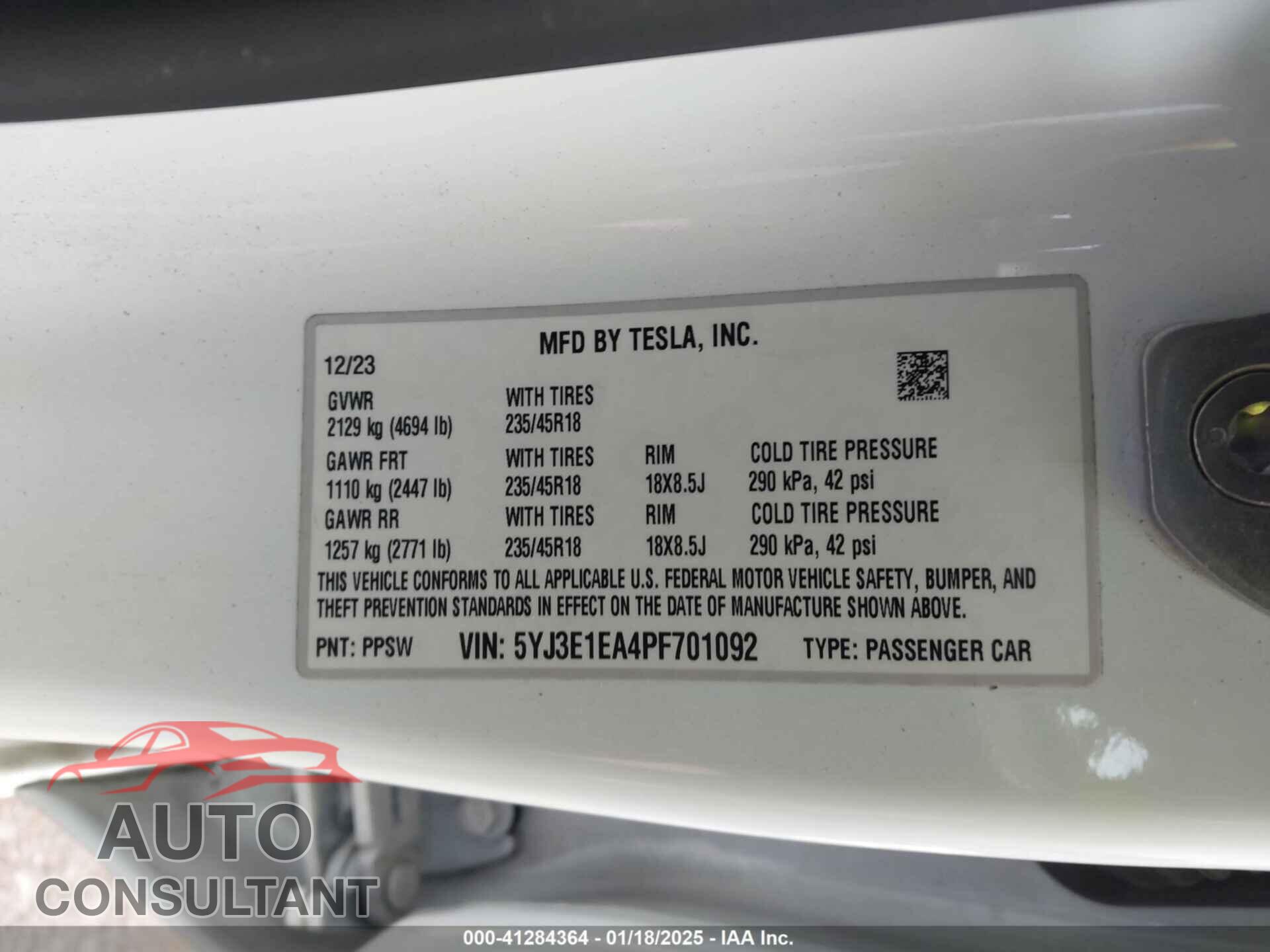 TESLA MODEL 3 2023 - 5YJ3E1EA4PF701092