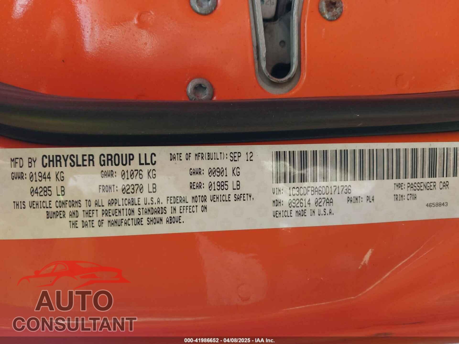 DODGE DART 2013 - 1C3CDFBA6DD171736