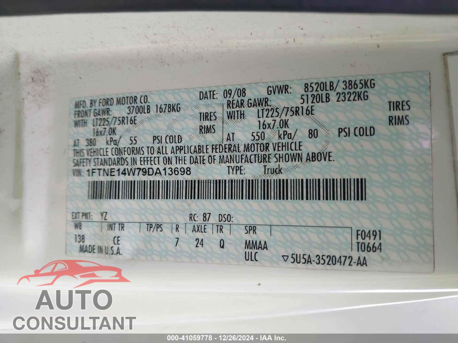 FORD E-150 2009 - 1FTNE14W79DA13698