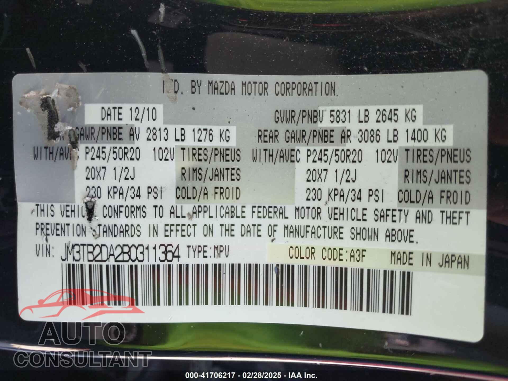 MAZDA CX-9 2011 - JM3TB2DA2B0311364