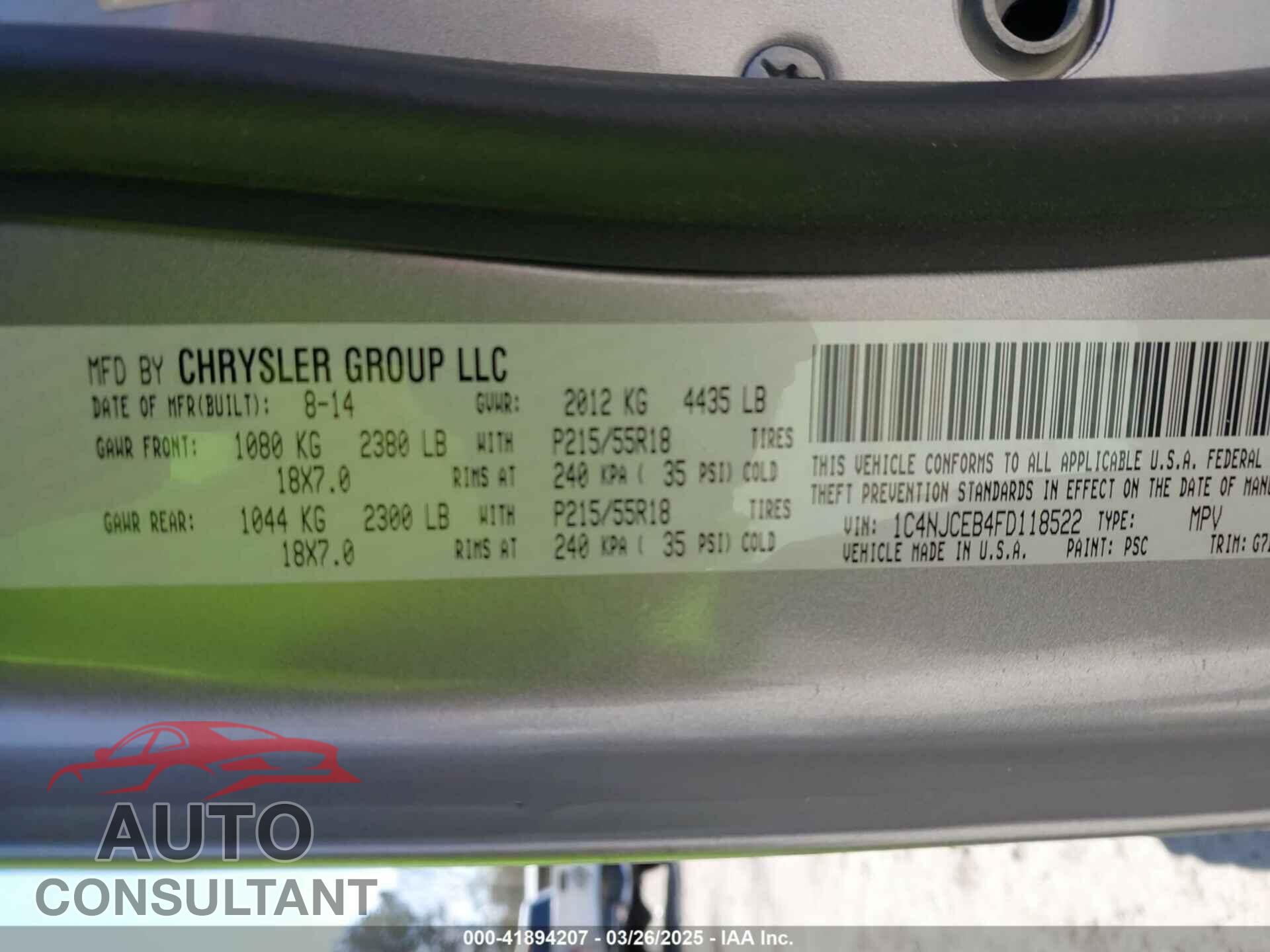 JEEP COMPASS 2015 - 1C4NJCEB4FD118522