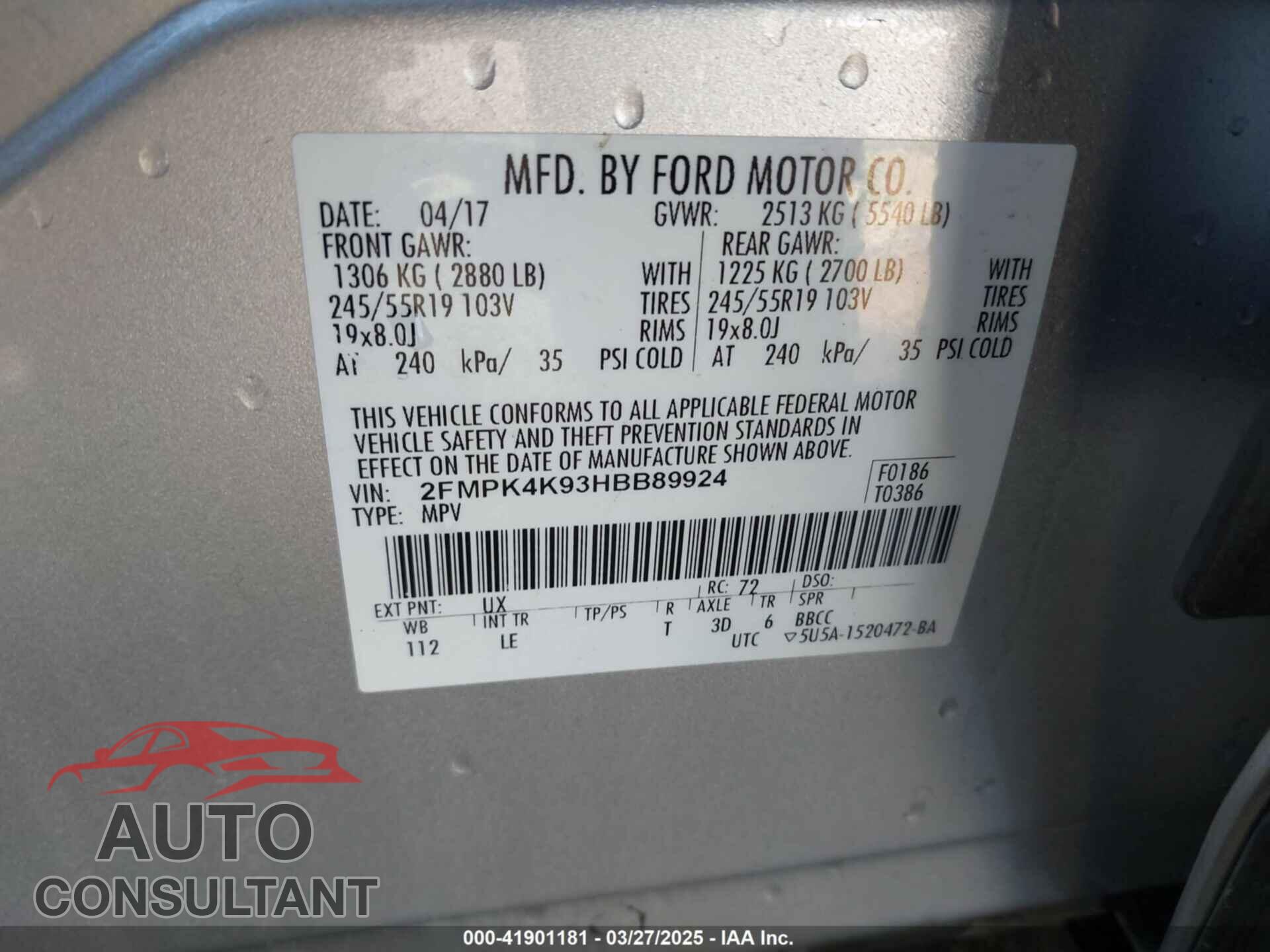 FORD EDGE 2017 - 2FMPK4K93HBB89924