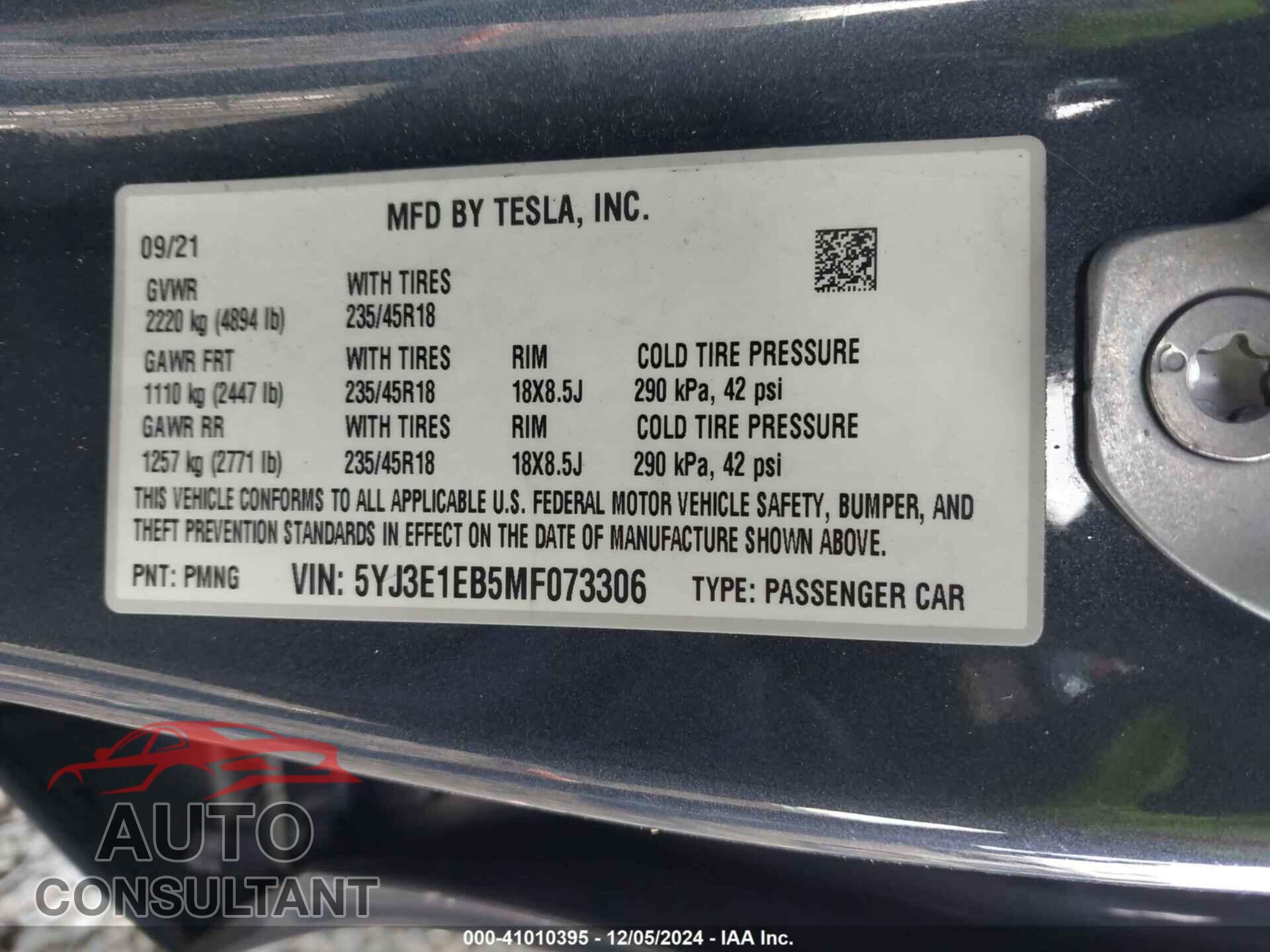 TESLA MODEL 3 2021 - 5YJ3E1EB5MF073306