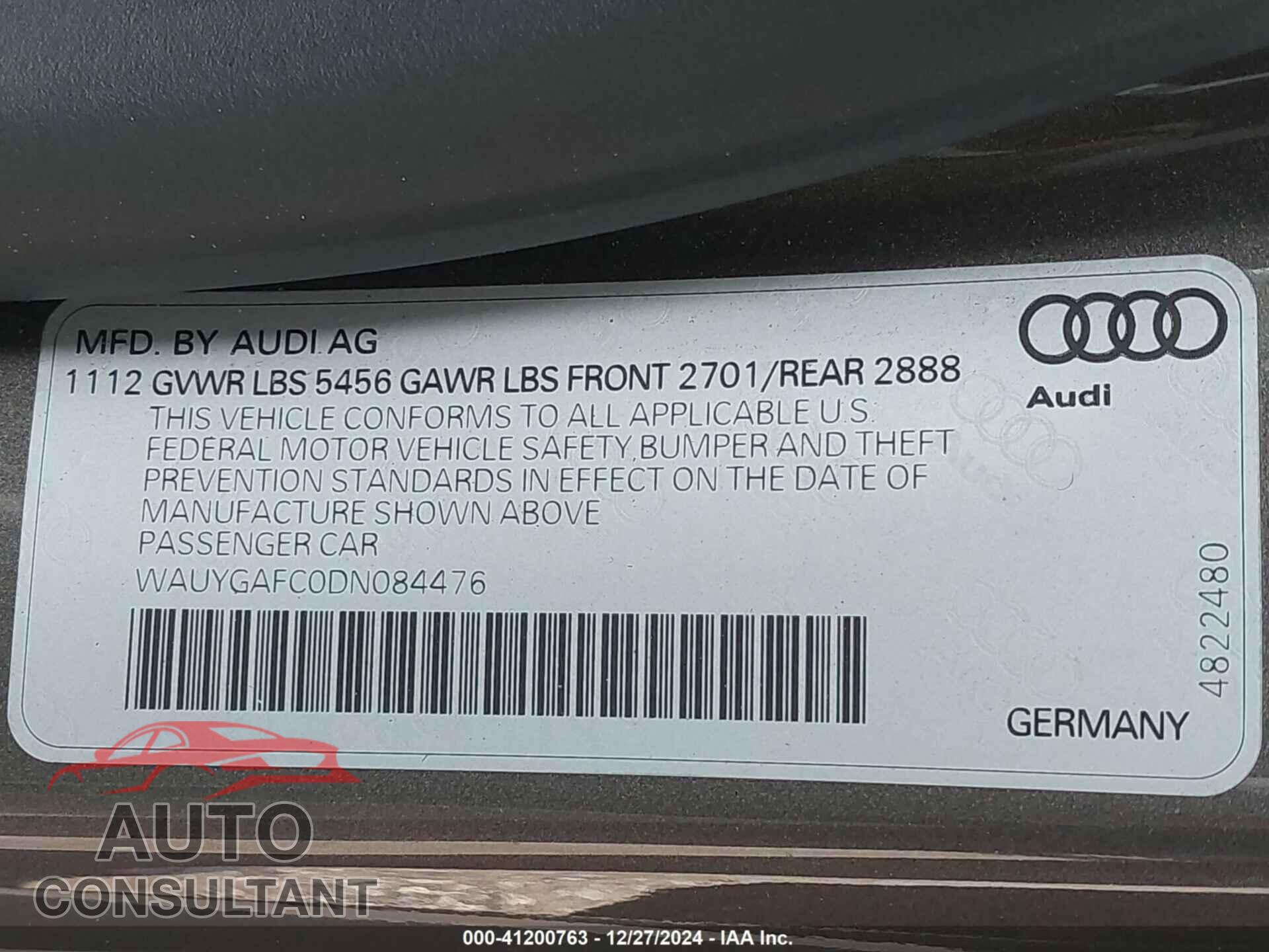 AUDI A7 2013 - WAUYGAFC0DN084476