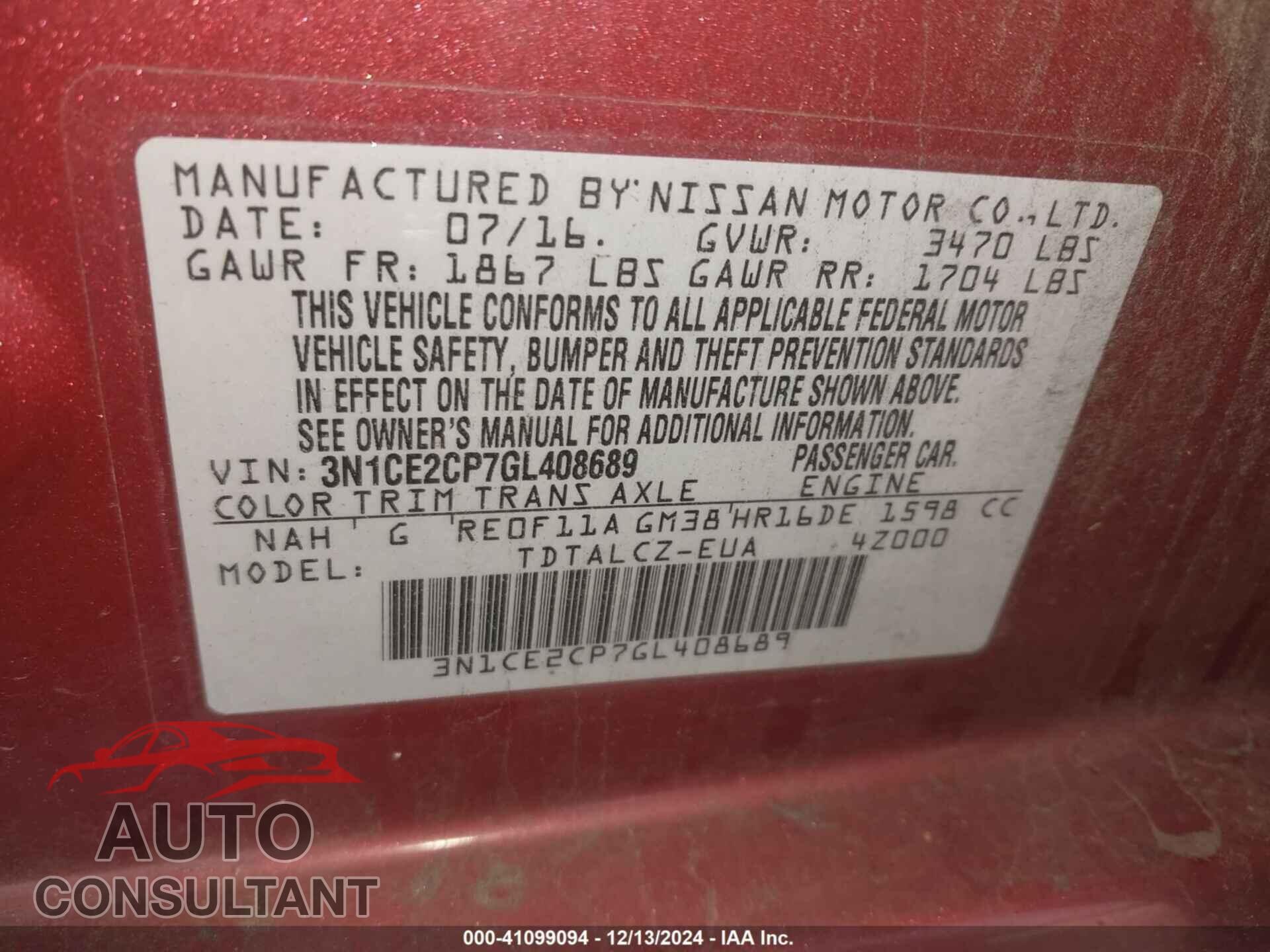 NISSAN VERSA NOTE 2016 - 3N1CE2CP7GL408689