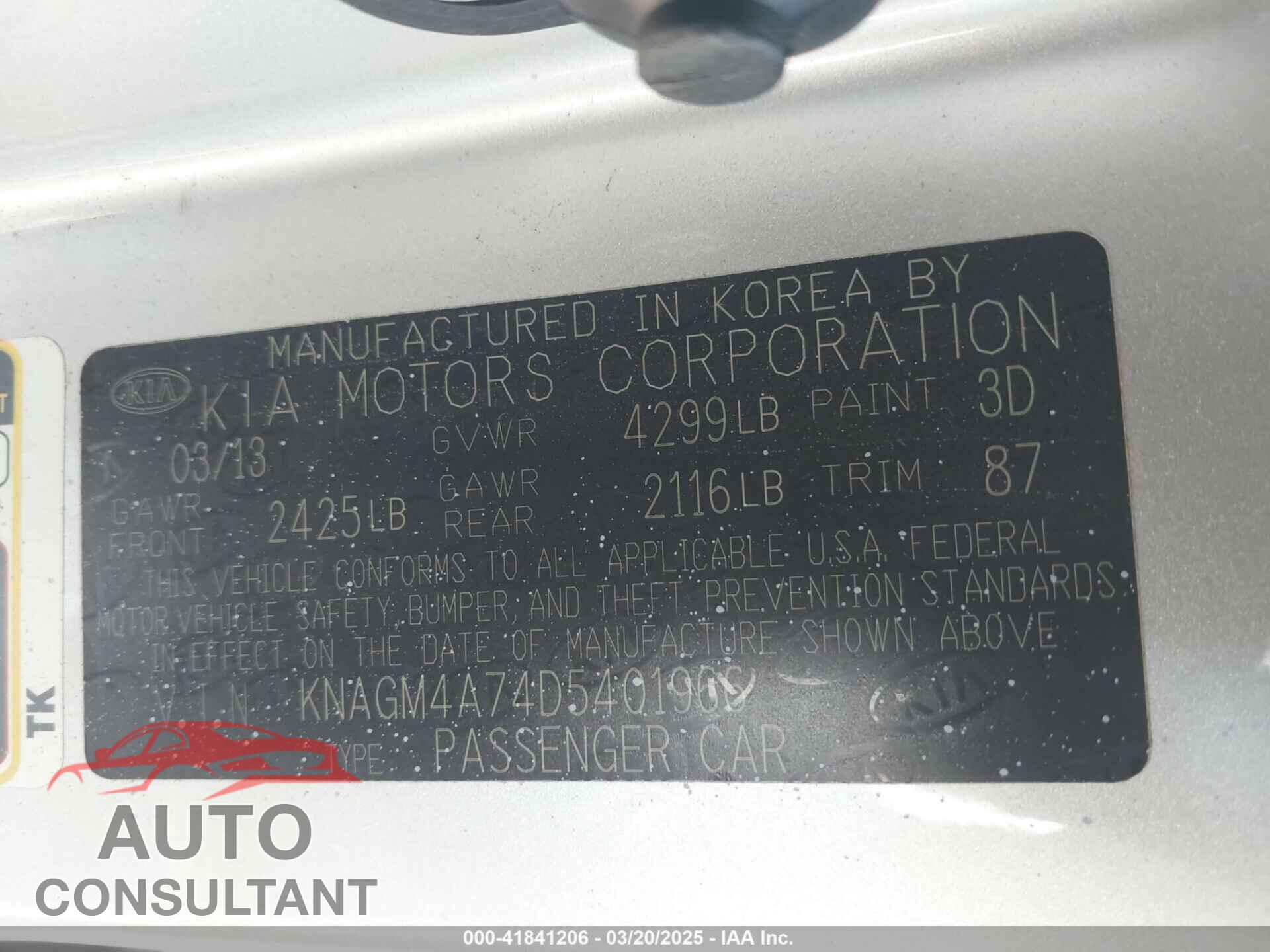 KIA OPTIMA 2013 - KNAGM4A74D5401966