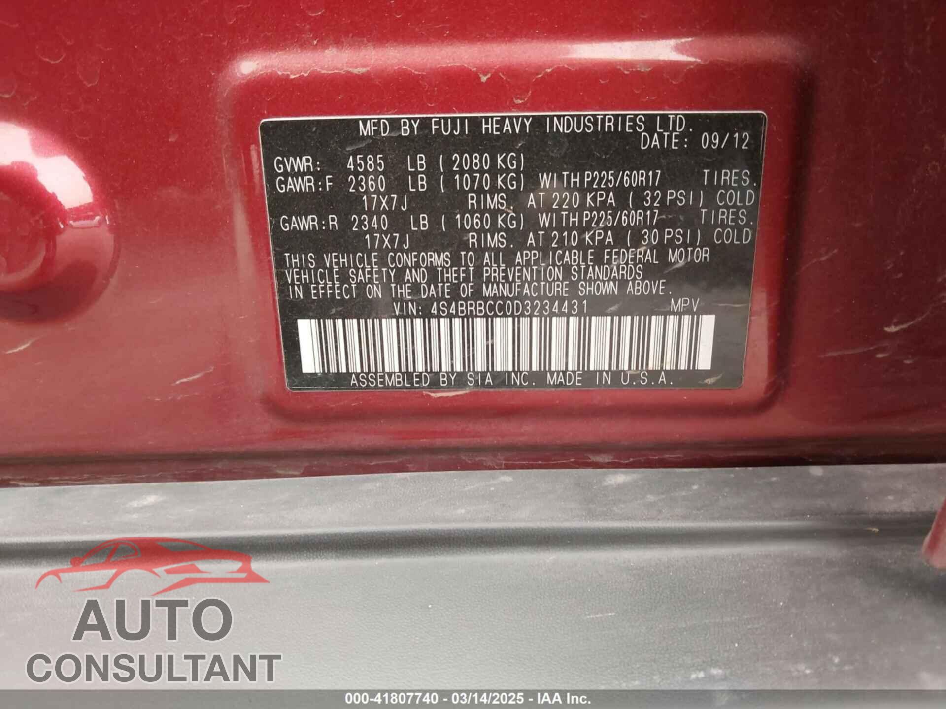 SUBARU OUTBACK 2013 - 4S4BRBCC0D3234431