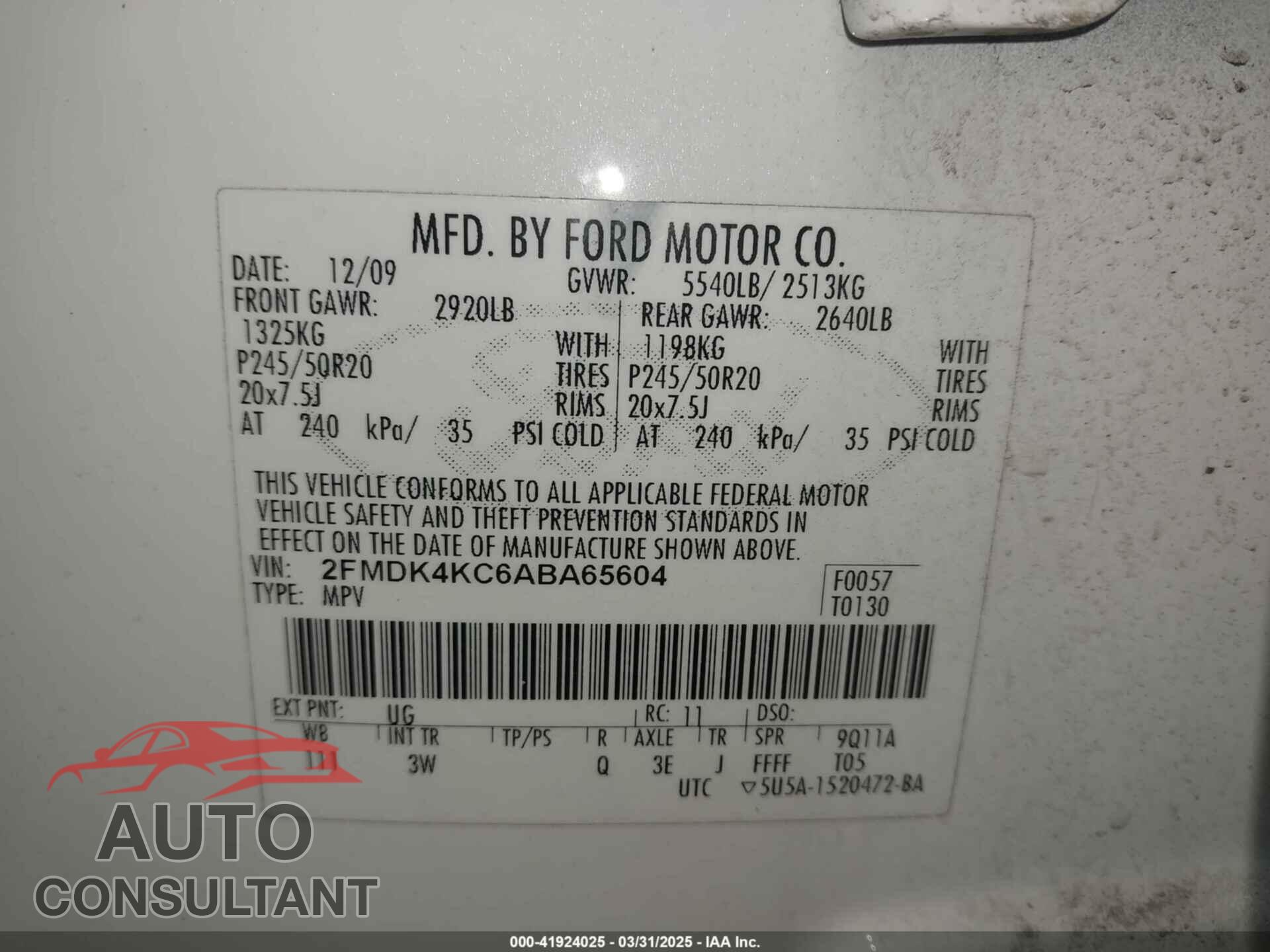 FORD EDGE 2010 - 2FMDK4KC6ABA65604