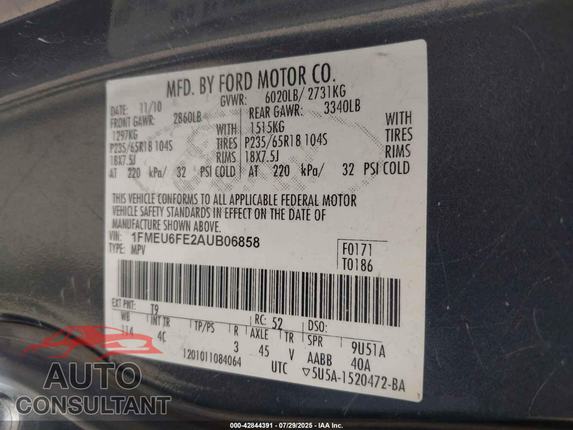 FORD EXPLORER 2010 - 1FMEU6FE2AUB06858