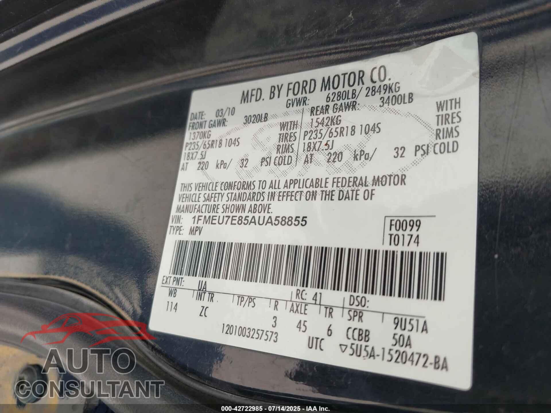 FORD EXPLORER 2010 - 1FMEU7E85AUA58855