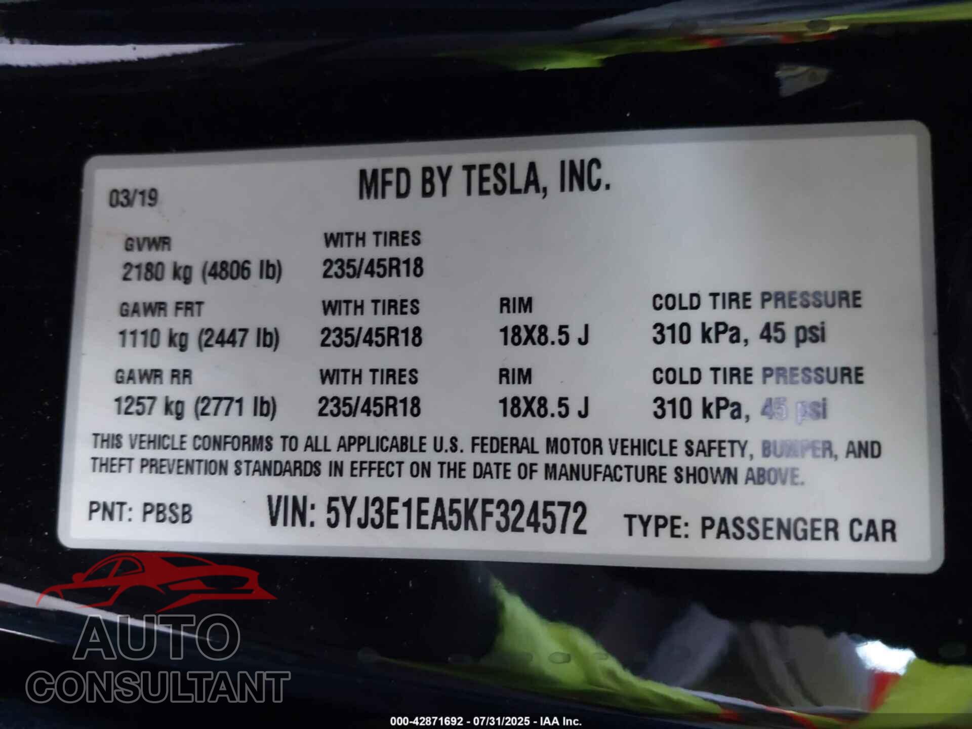TESLA MODEL 3 2019 - 5YJ3E1EA5KF324572