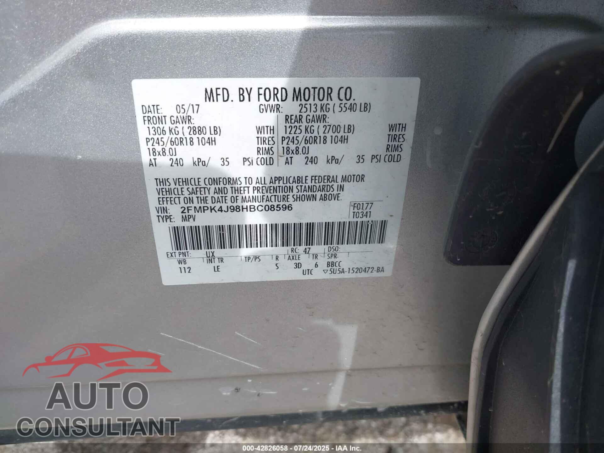 FORD EDGE 2017 - 2FMPK4J98HBC08596