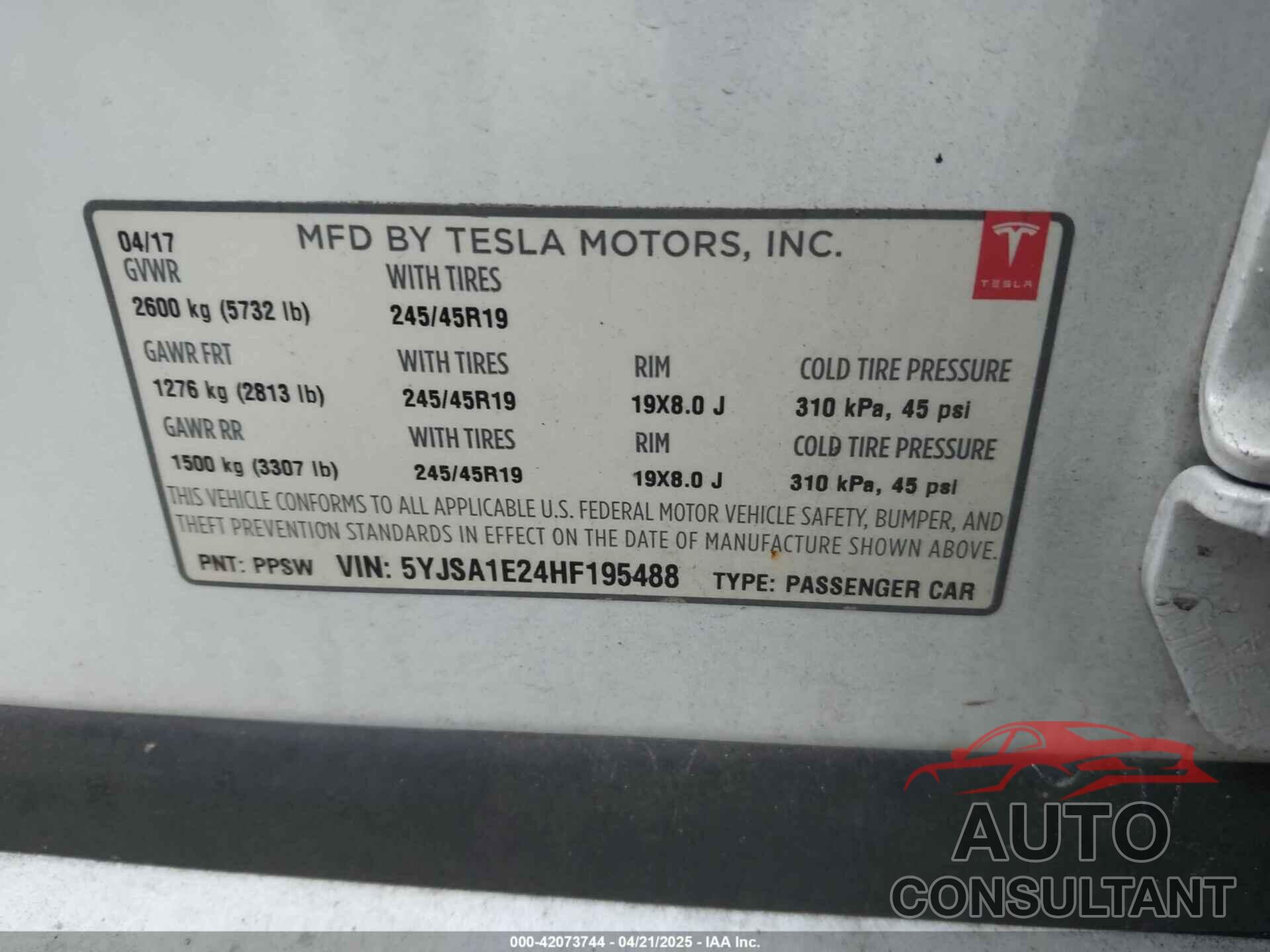 TESLA MODEL S 2017 - 5YJSA1E24HF195488