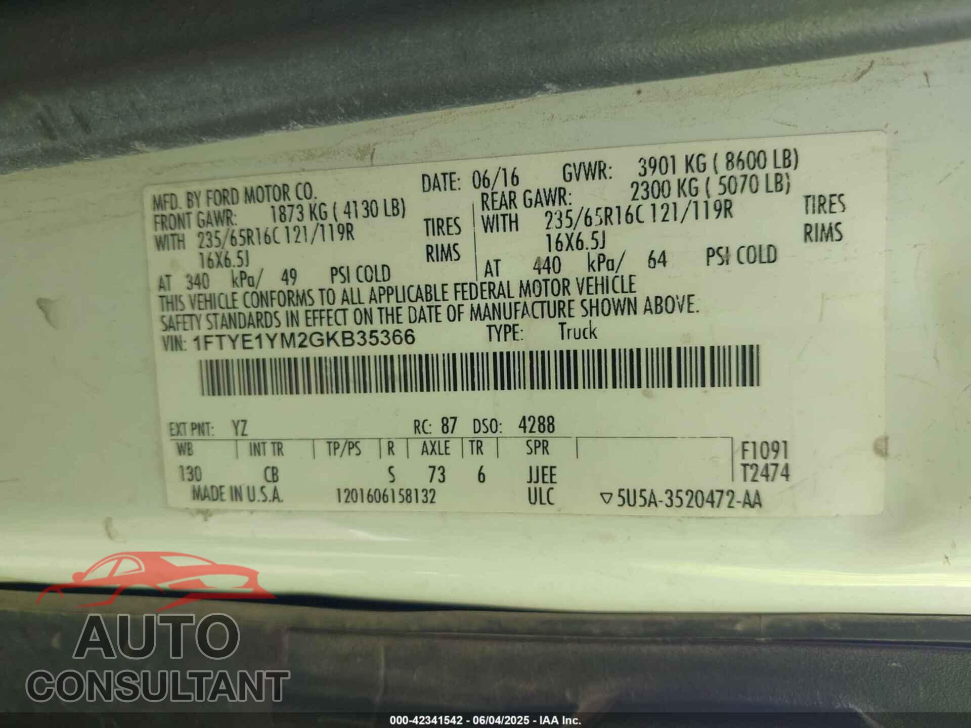 FORD TRANSIT-150 2016 - 1FTYE1YM2GKB35366