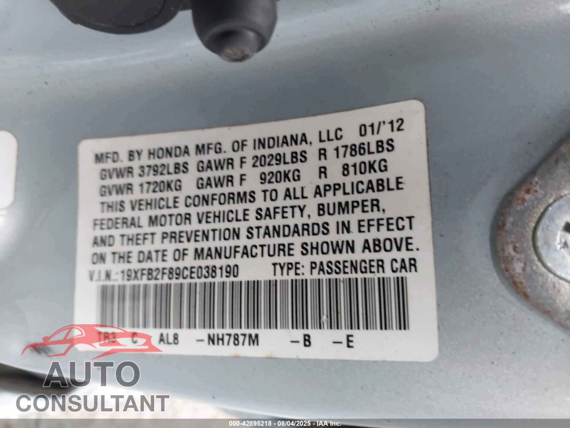 HONDA CIVIC 2012 - 19XFB2F89CE038190