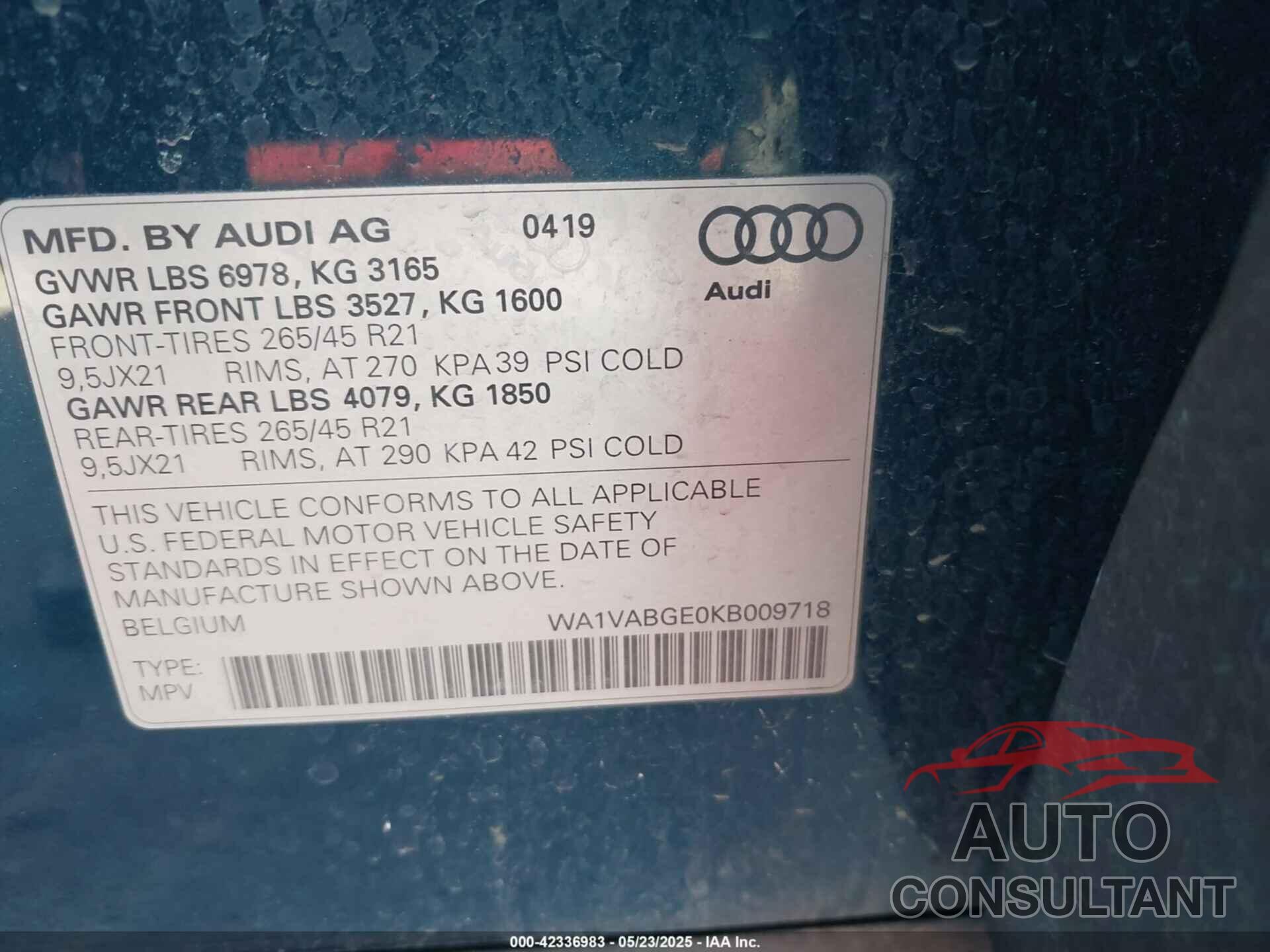 AUDI E-TRON 2019 - WA1VABGE0KB009718