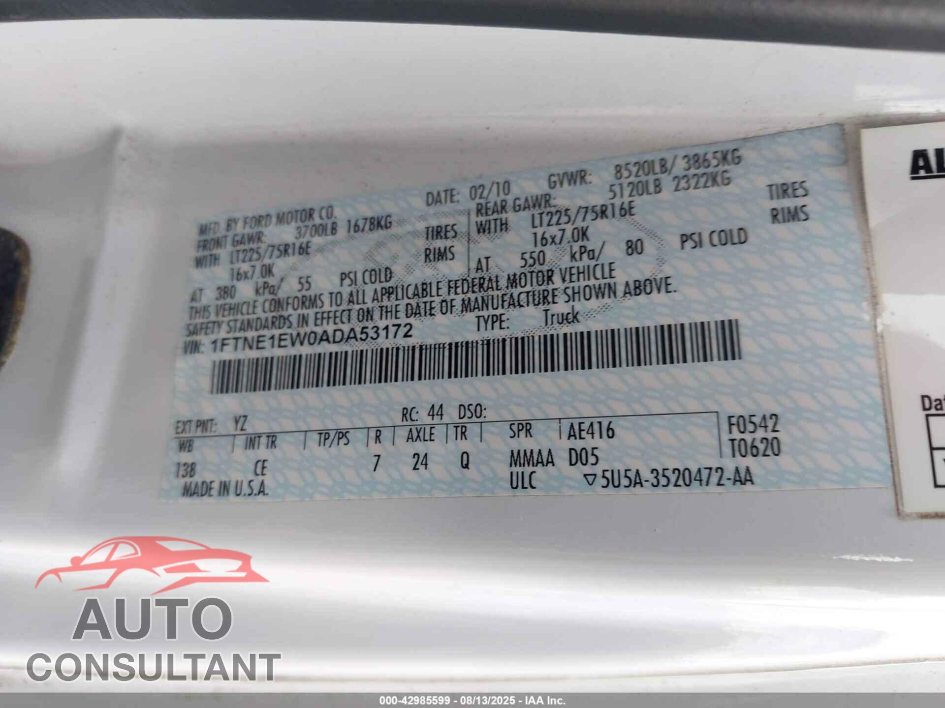 FORD E-150 2010 - 1FTNE1EW0ADA53172