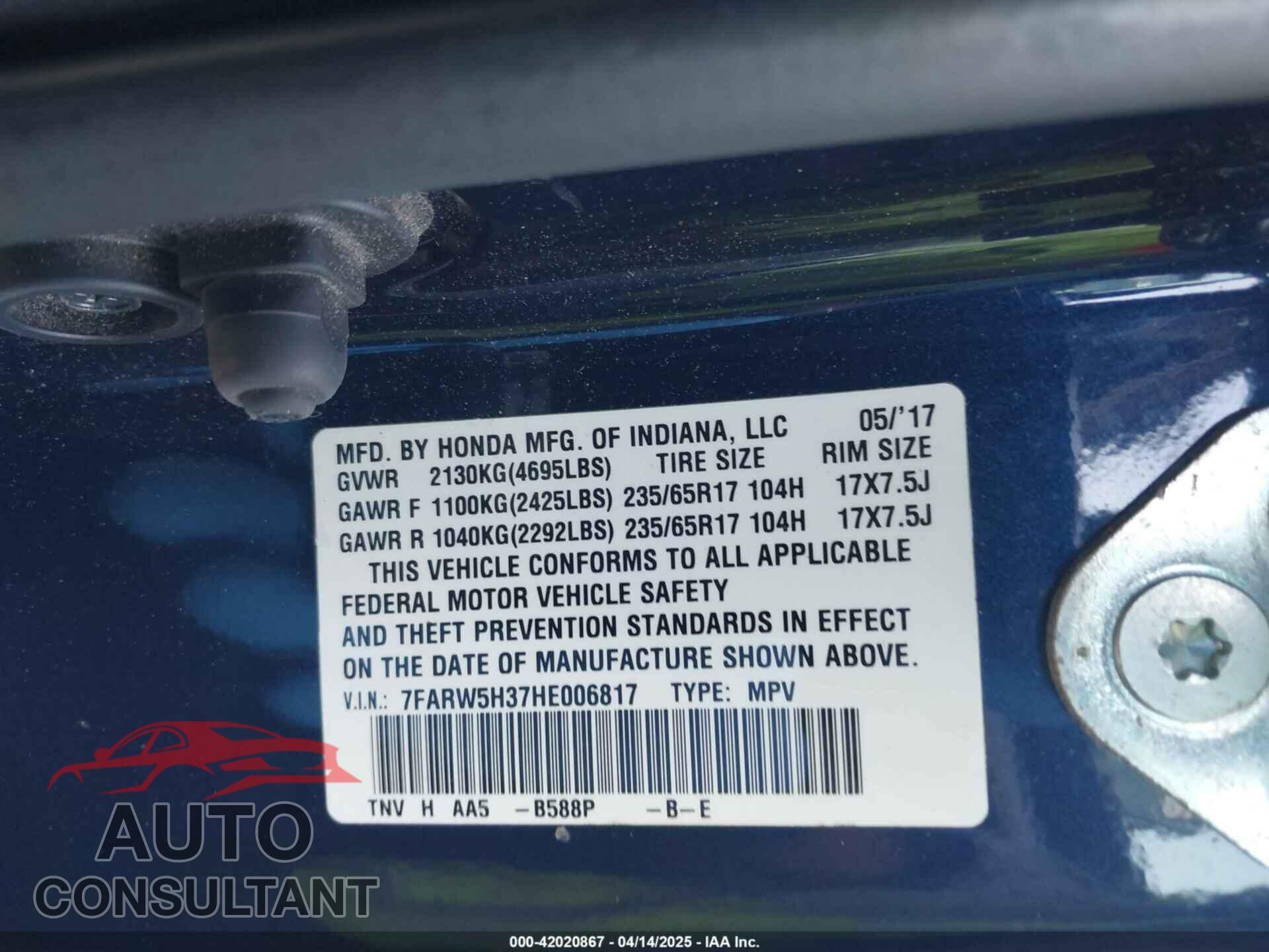 HONDA CR-V 2017 - 7FARW5H37HE006817