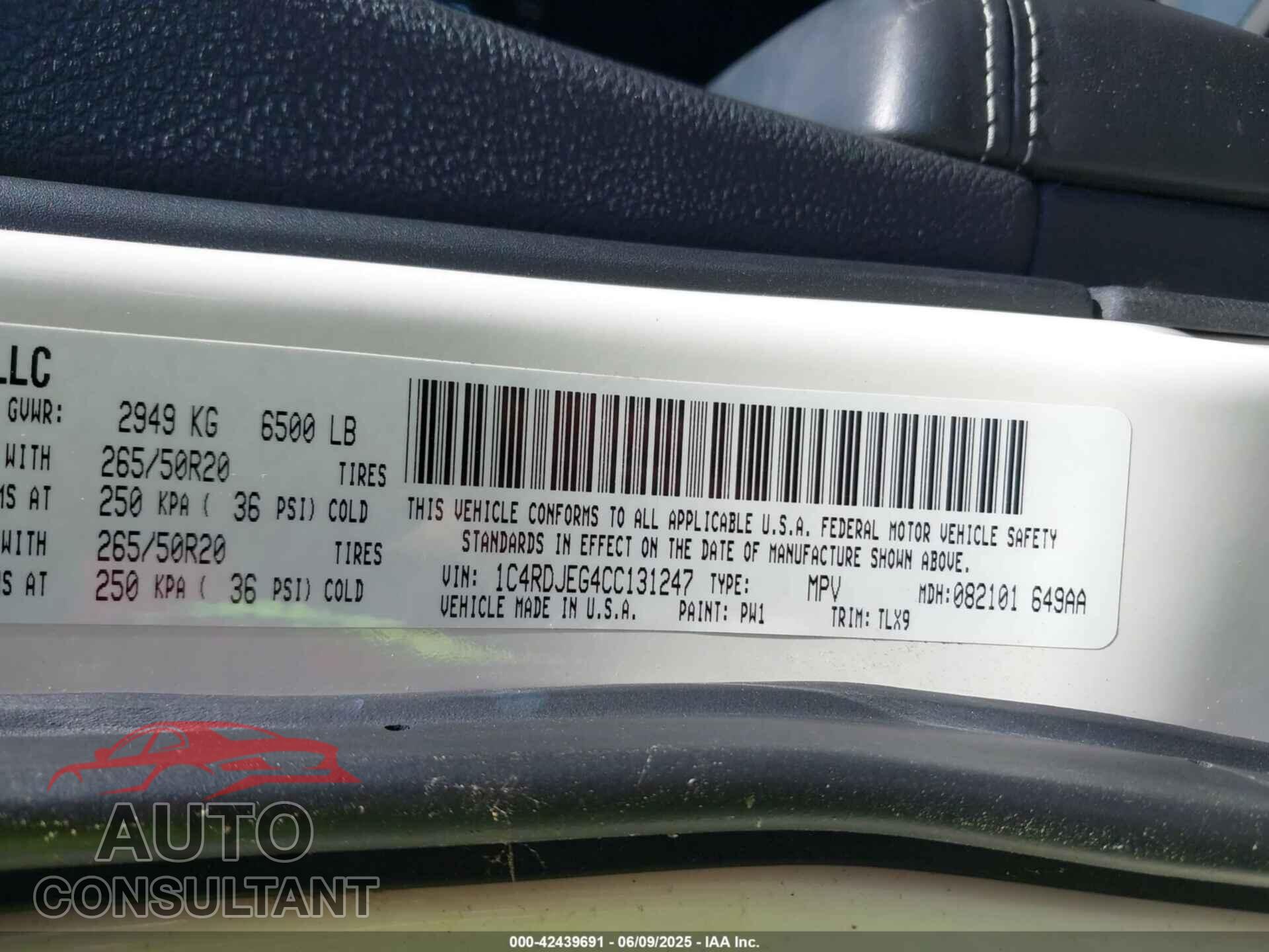 DODGE DURANGO 2012 - 1C4RDJEG4CC131247