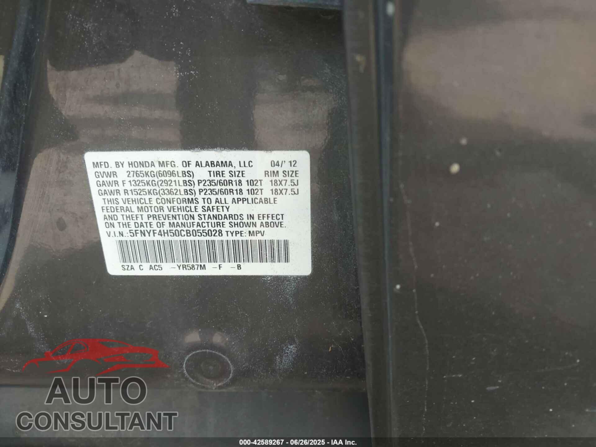 HONDA PILOT 2012 - 5FNYF4H50CB055028