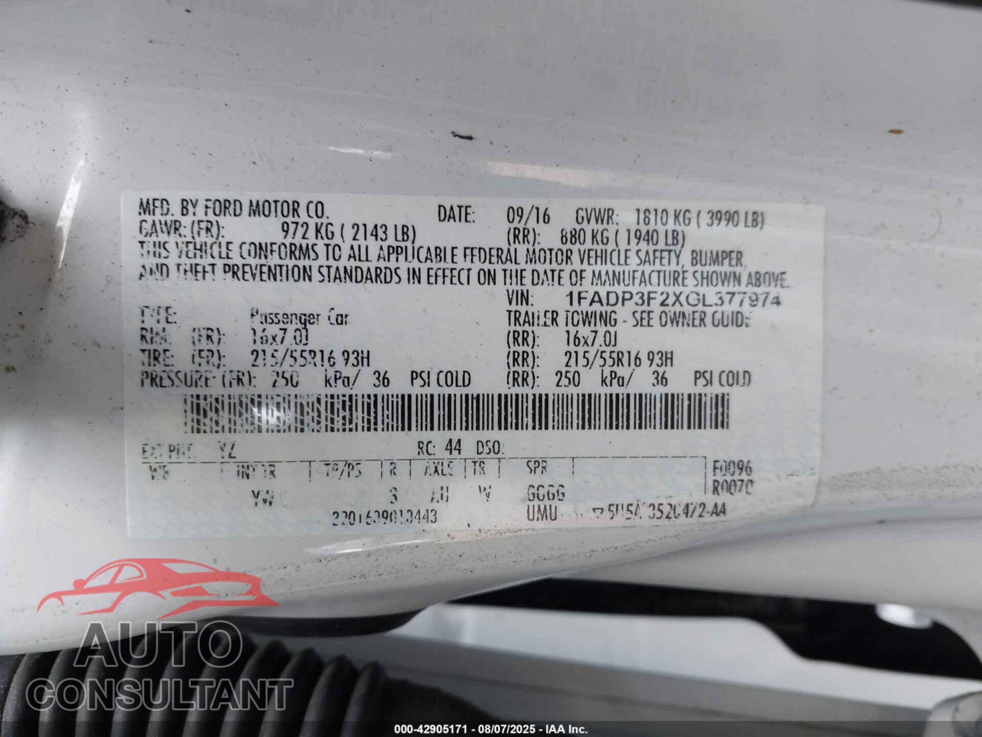 FORD FOCUS 2016 - 1FADP3F2XGL377974