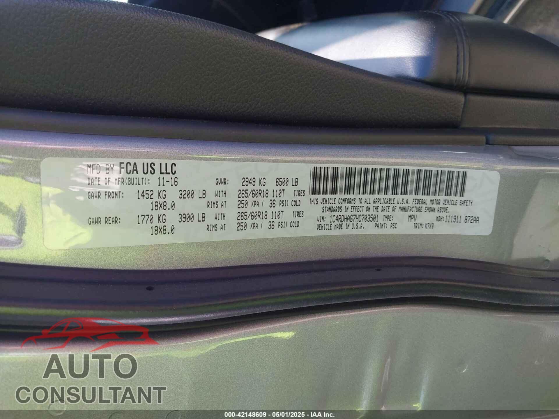 DODGE DURANGO 2017 - 1C4RDHAG7HC703501