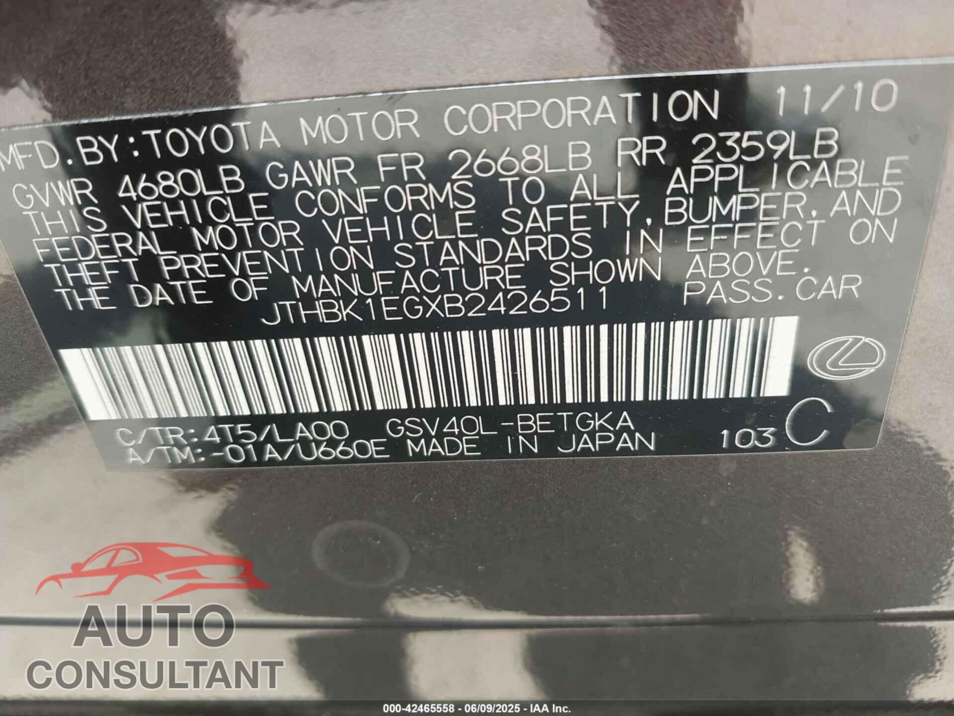 LEXUS ES 350 2011 - JTHBK1EGXB2426511