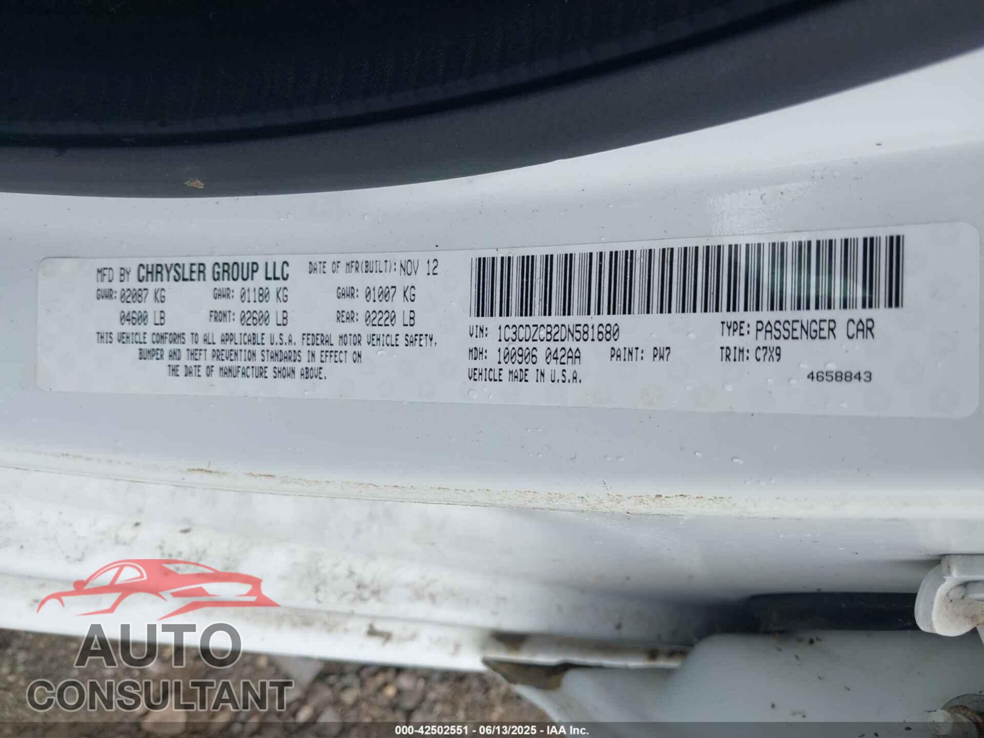 DODGE AVENGER 2013 - 1C3CDZCB2DN581680