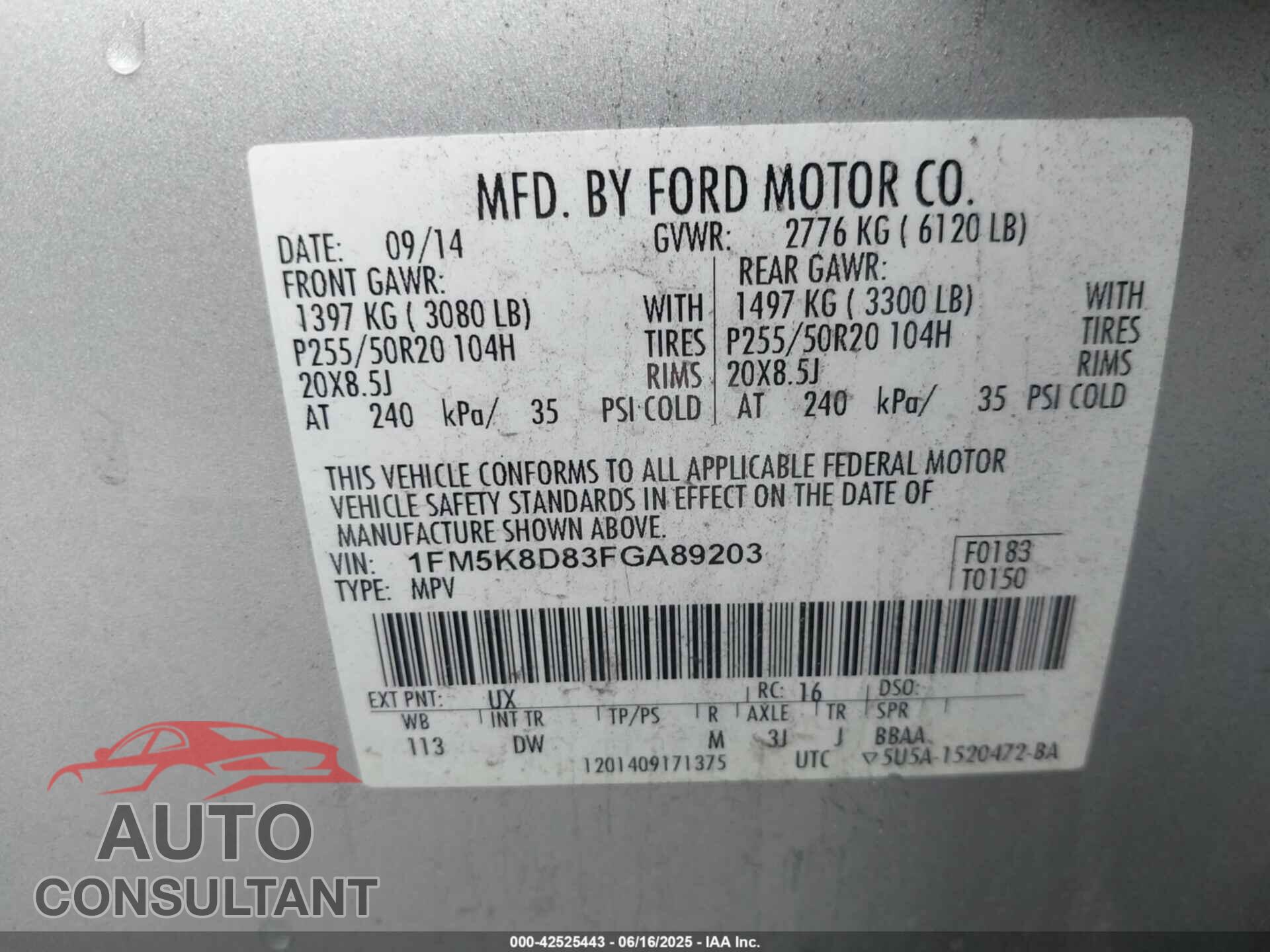 FORD EXPLORER 2015 - 1FM5K8D83FGA89203
