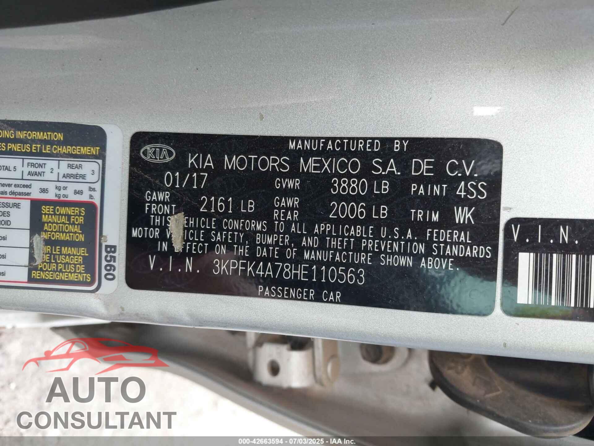 KIA FORTE 2017 - 3KPFK4A78HE110563