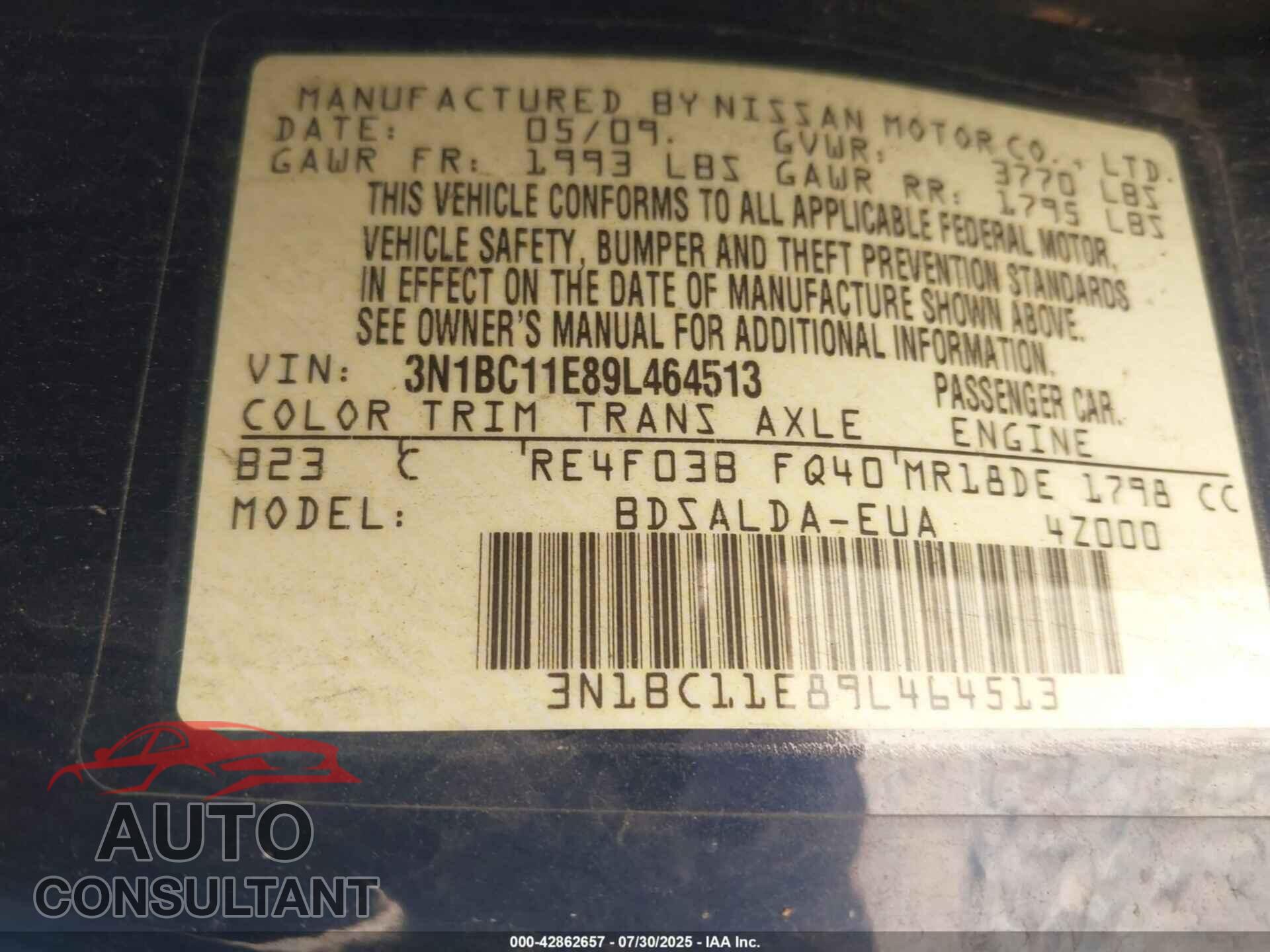 NISSAN VERSA 2009 - 3N1BC11E89L464513