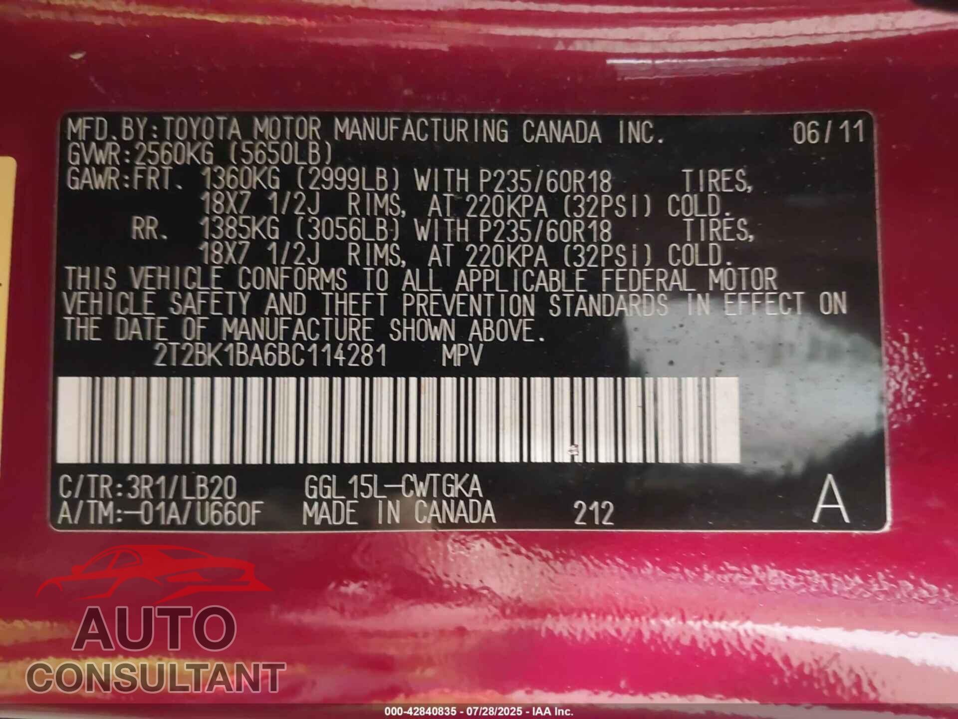 LEXUS RX 350 2011 - 2T2BK1BA6BC114281