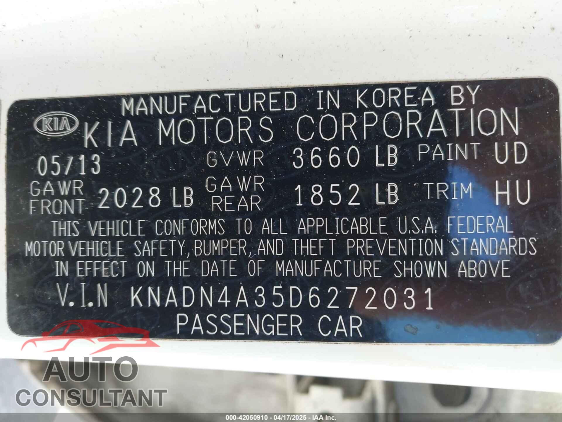 KIA RIO 2013 - KNADN4A35D6272031