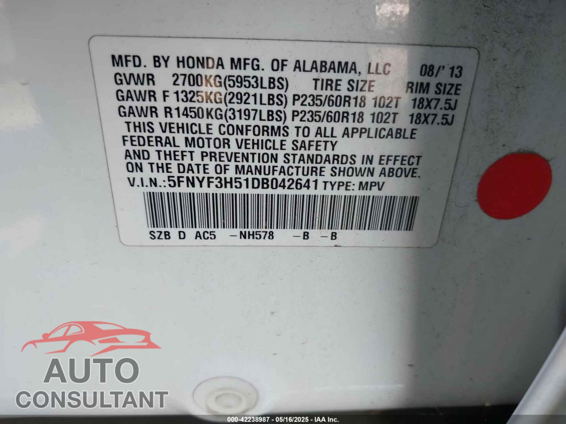 HONDA PILOT 2013 - 5FNYF3H51DB042641