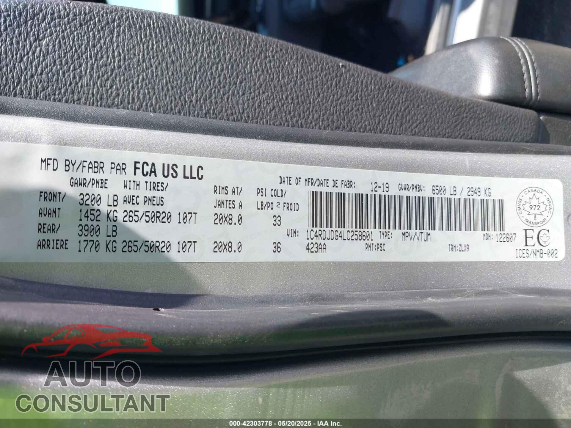 DODGE DURANGO 2020 - 1C4RDJDG4LC258601
