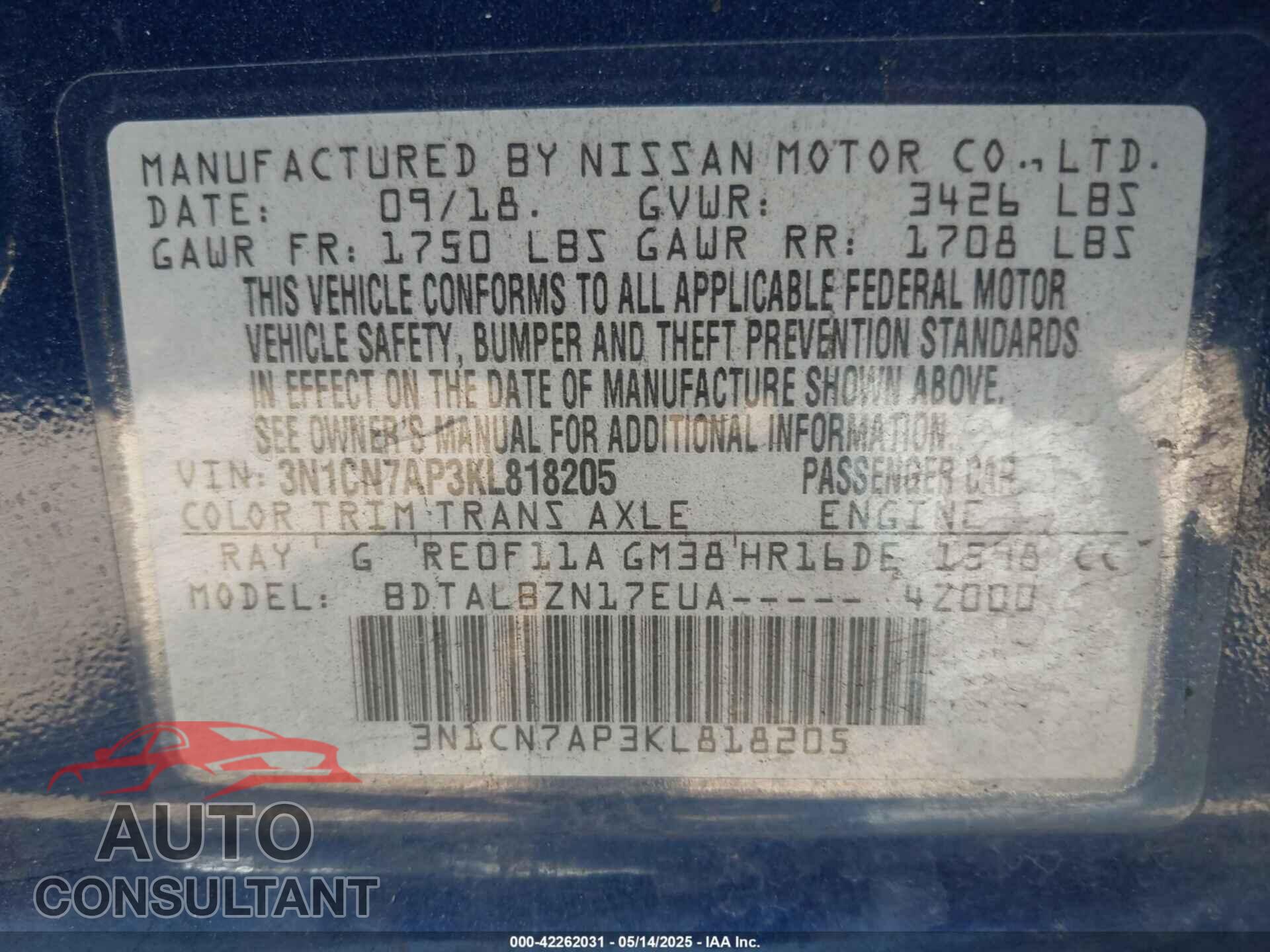 NISSAN VERSA 2019 - 3N1CN7AP3KL818205