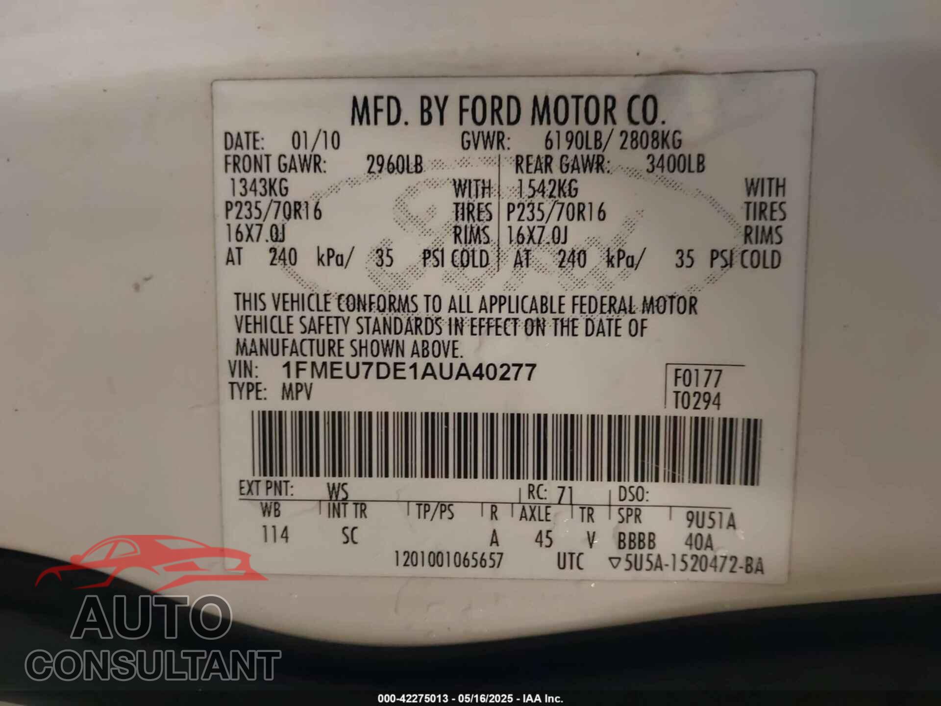 FORD EXPLORER 2010 - 1FMEU7DE1AUA40277