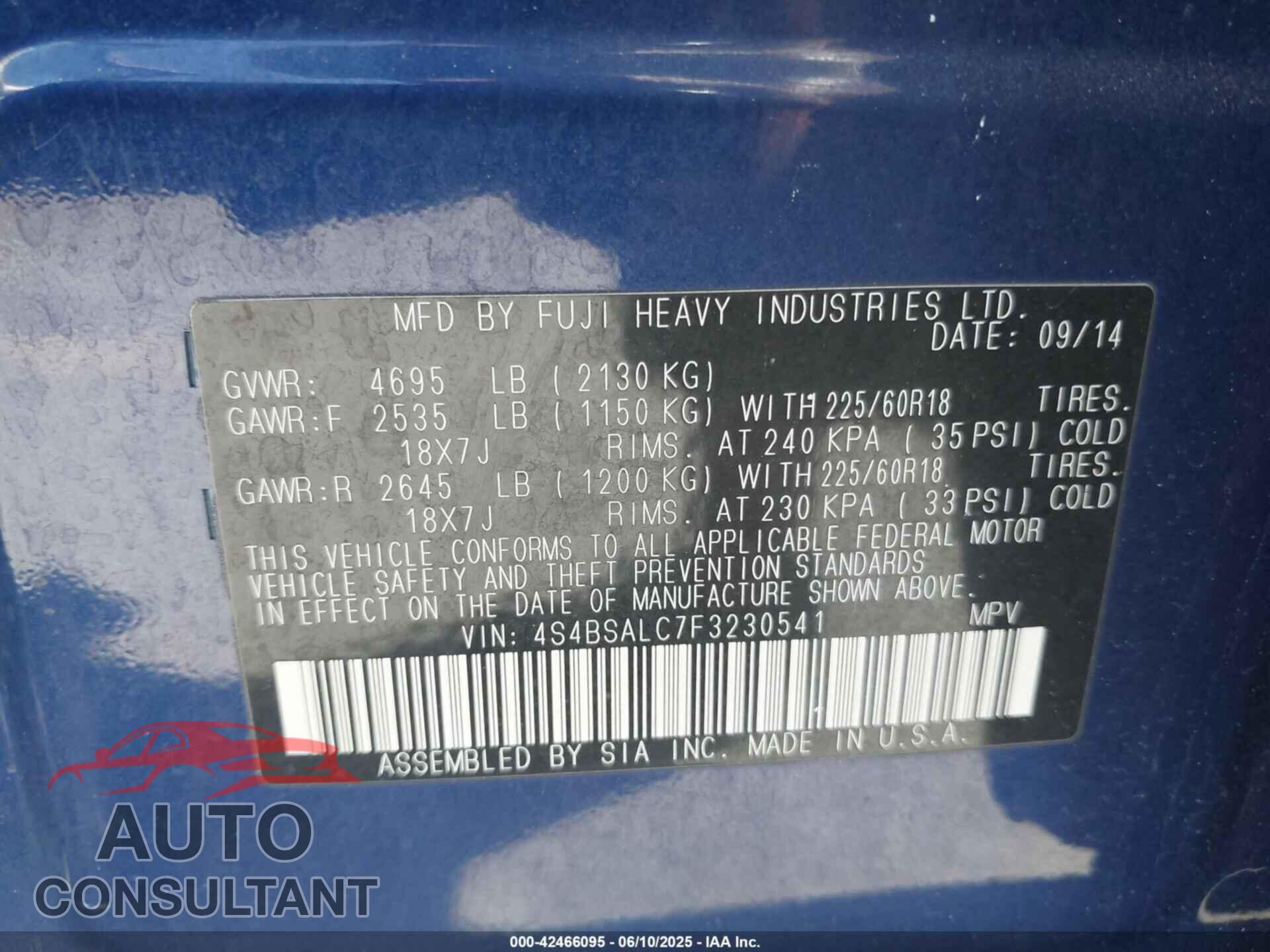 SUBARU OUTBACK 2015 - 4S4BSALC7F3230541