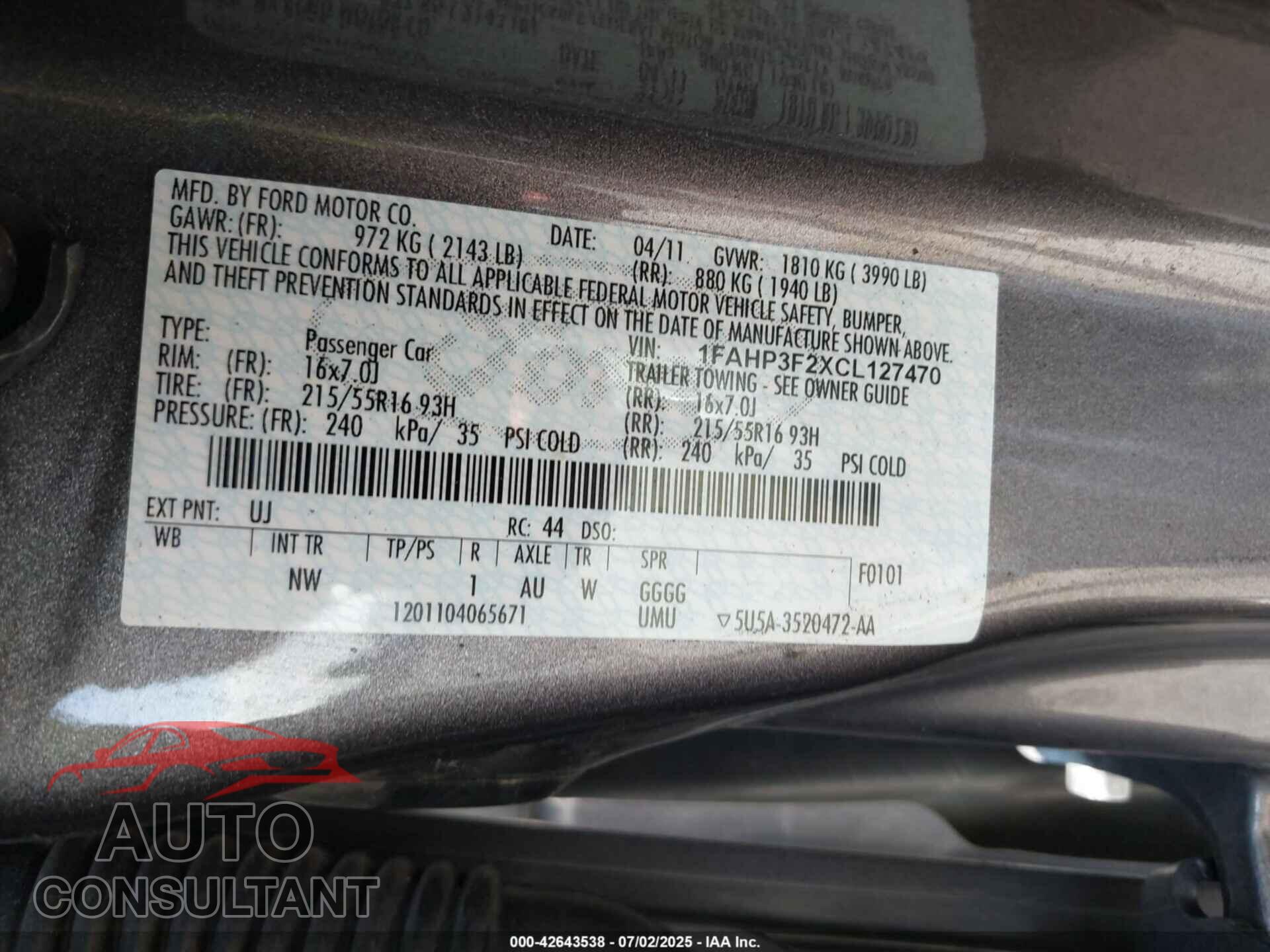 FORD FOCUS 2012 - 1FAHP3F2XCL127470