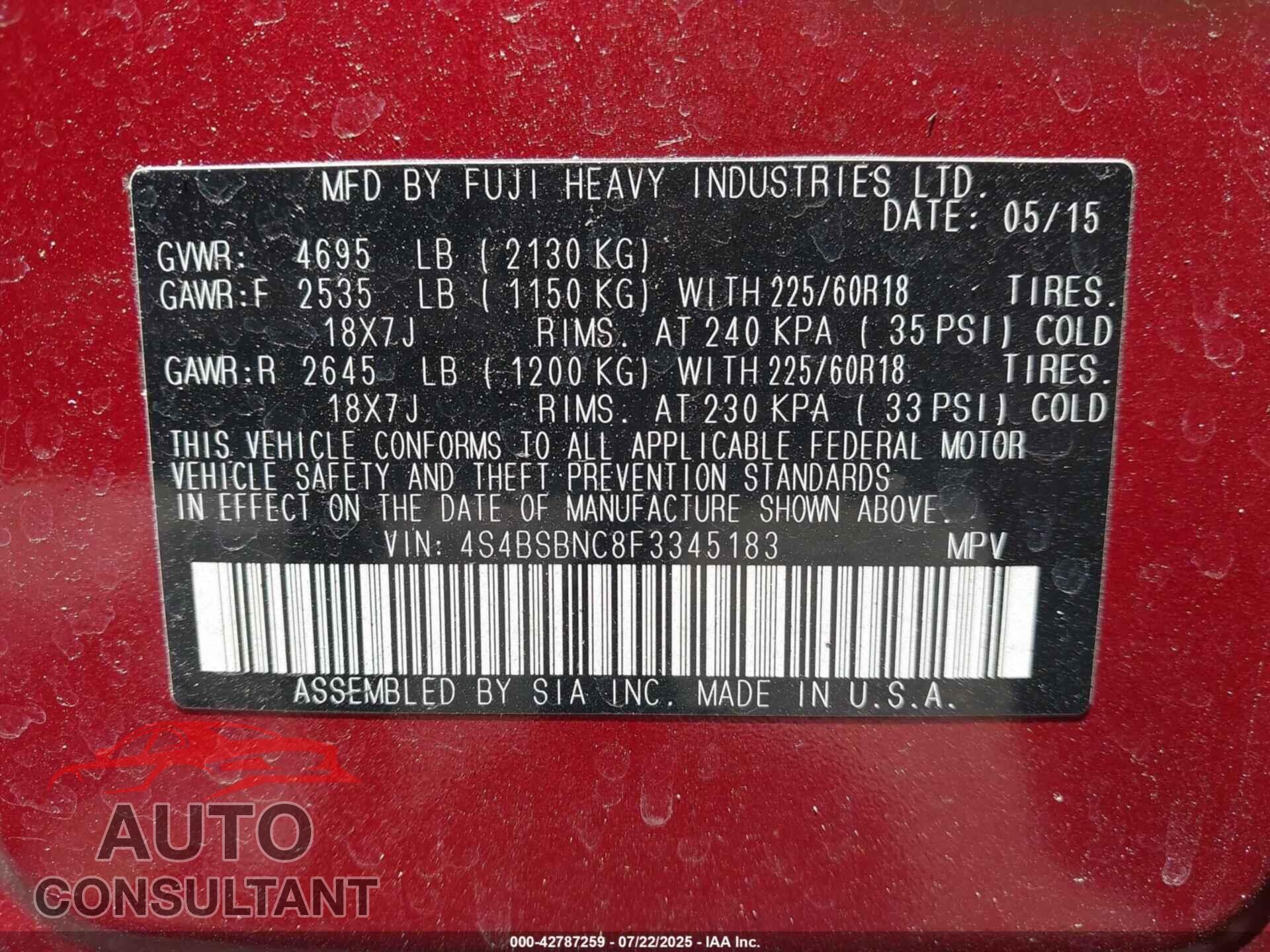 SUBARU OUTBACK 2015 - 4S4BSBNC8F3345183