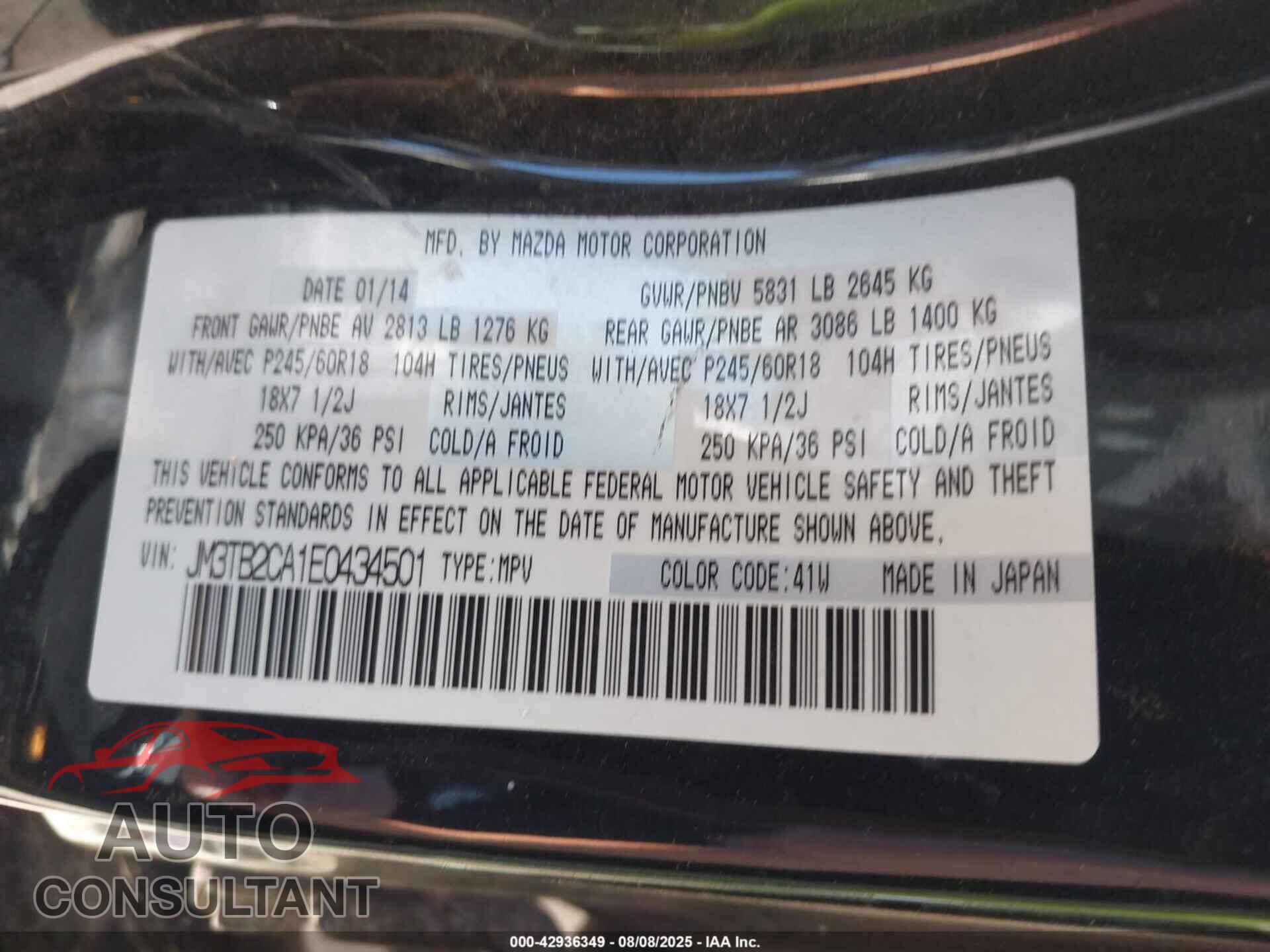 MAZDA CX-9 2014 - JM3TB2CA1E0434501