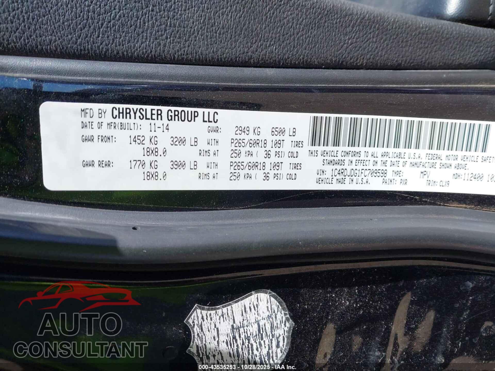 DODGE DURANGO 2015 - 1C4RDJDG1FC709598