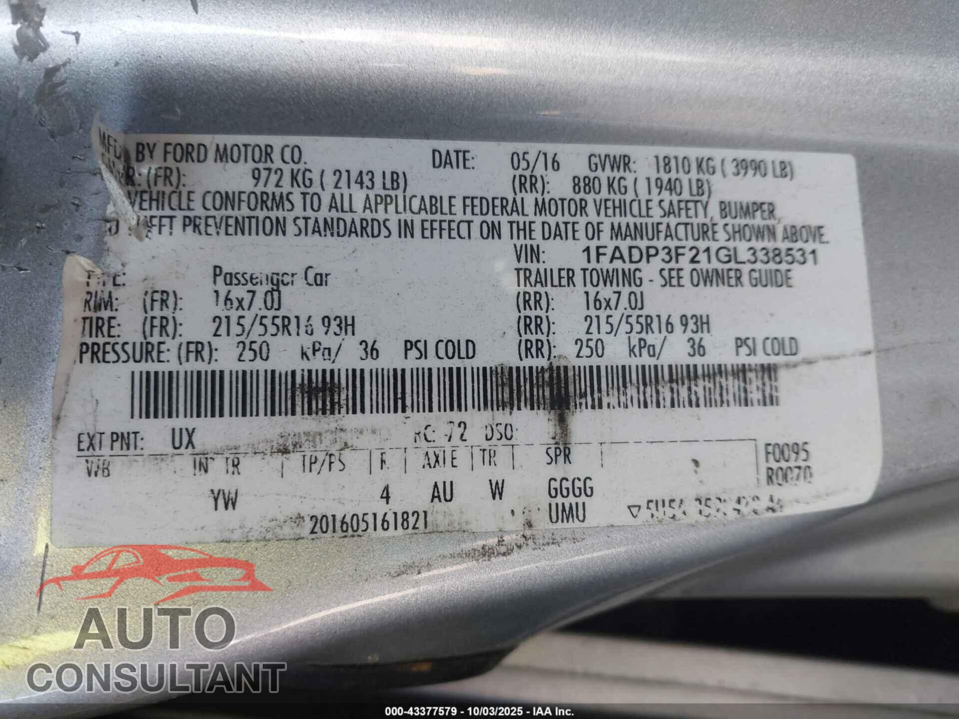 FORD FOCUS 2016 - 1FADP3F21GL338531