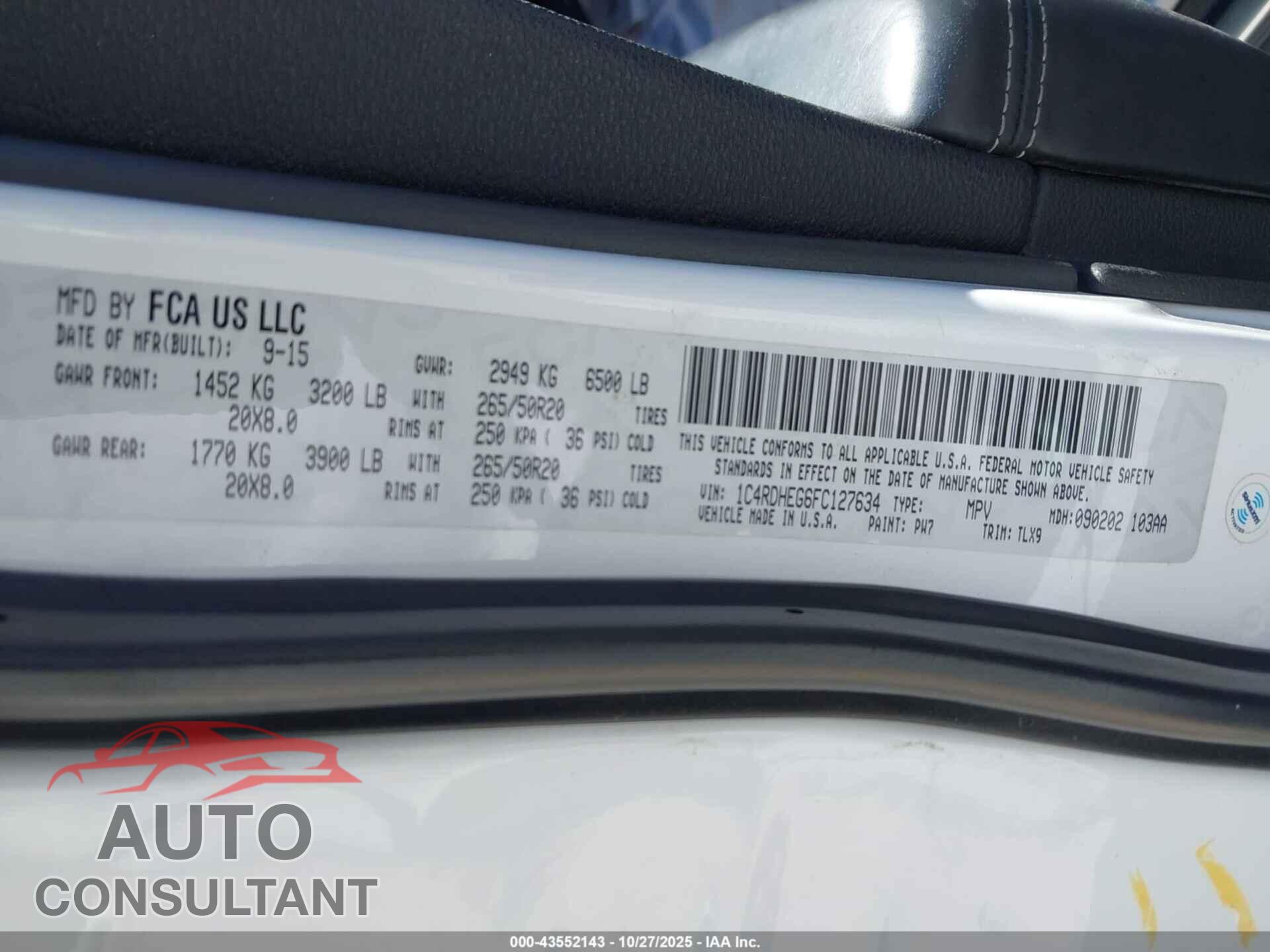 DODGE DURANGO 2015 - 1C4RDHEG6FC127634