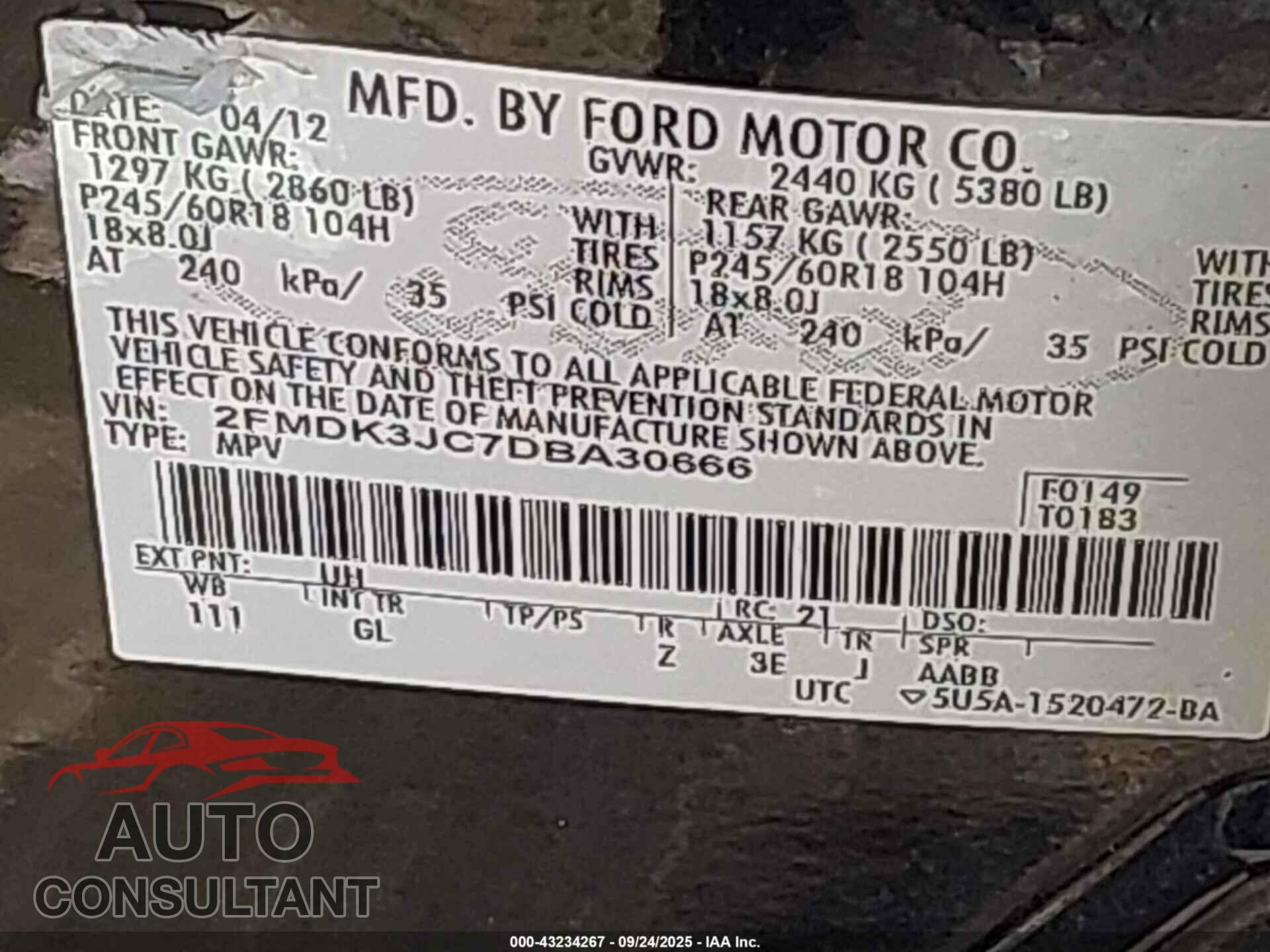 FORD EDGE 2013 - 2FMDK3JC7DBA30666